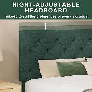 HOMBCK Double Bed Frame, 135 x 190 cm, with Adjustable Upholstered Headboard, Heavy Duty 256kg Weight Capacity, Easy Assembly, No Box Spring Needed, Green