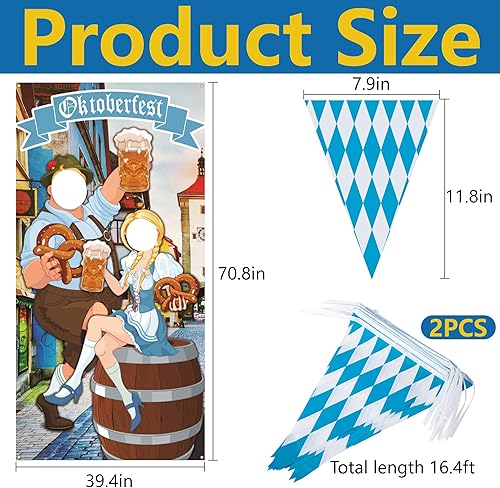 Miniatura 2 de Iceyyyy Juego de accesorios para fotos de Oktoberfest  Fondo de 6 x 3.3 pies para puerta y banderín de bandera bávara de 22 pies para decoraciones