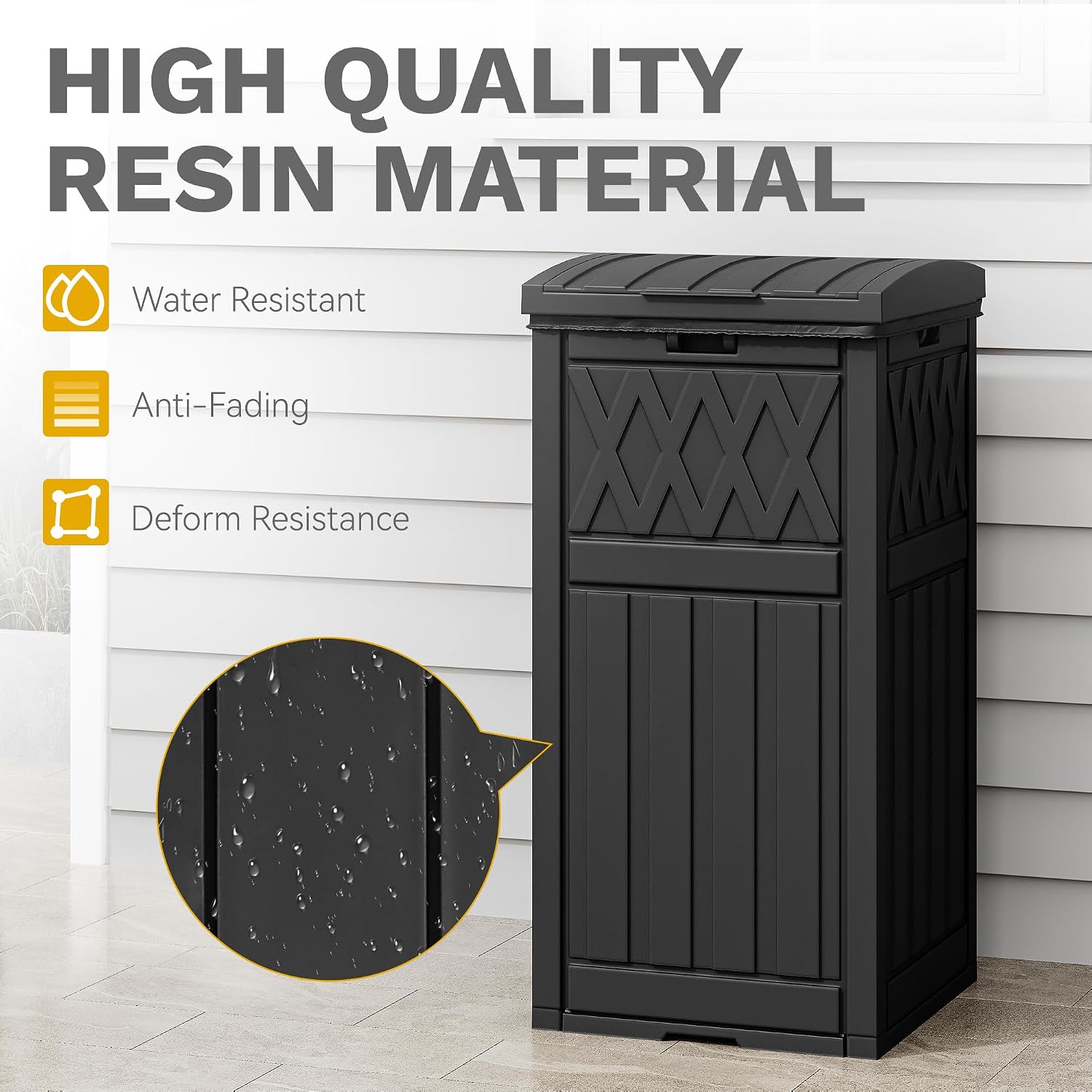 DWVO 33 Gallon Outdoor Trash Can with Tiered Lid and Drip Tray, Waterproof Resin Garbage Can for Patio, Kitchen, Deck and Backyard - Black