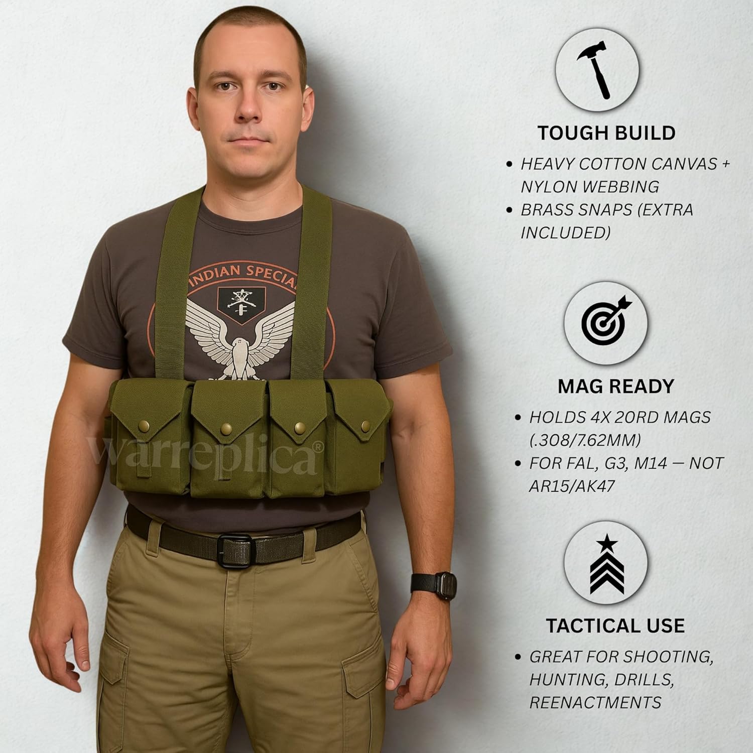 Warreplica Rhodesian Fereday & Sons Chest Rig FAL/G3/M14 Bush War/20rd .308/7.62x51mm 4 Magazine Pouch Tactical Chest Rig