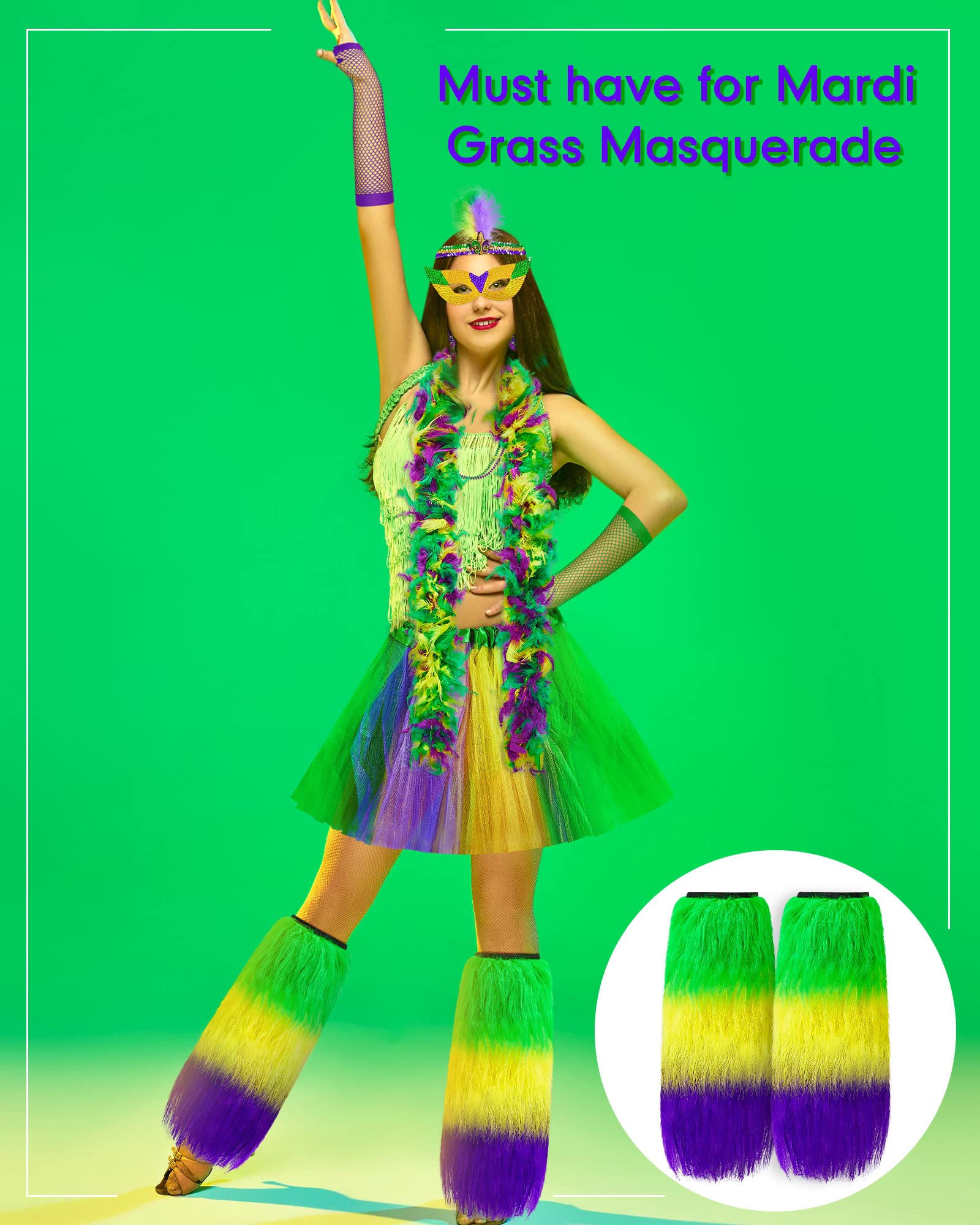 13 Pcs Mardi Gras Costume for Women Mardi Gras Outfit Accessory Set Include 2 Leg Warmer Cover Feather Boa Half Mask Tutu Skirt 3 Bead Necklace Feather Headband 2 Fishnet Gloves 2 Earrings Party Decor