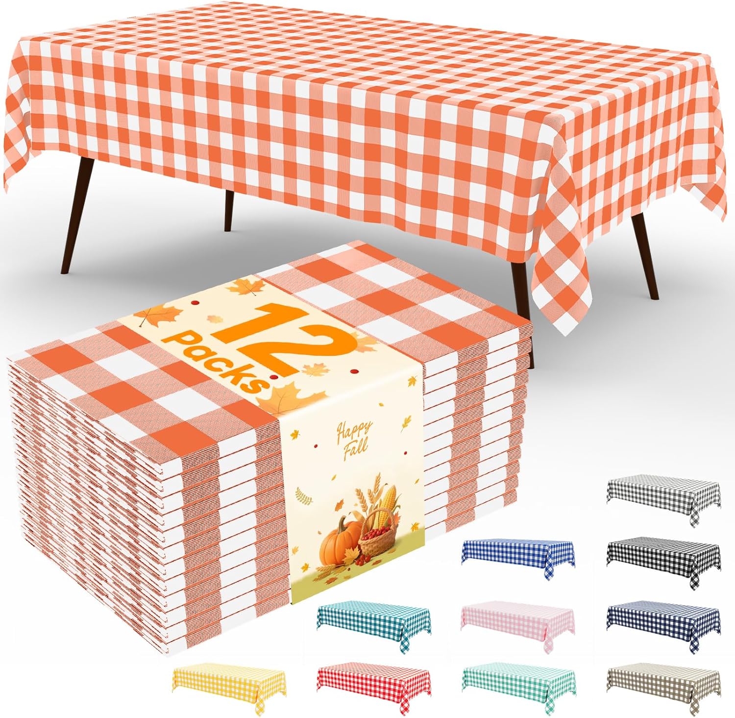 misaya 12 Packs Buffalo Disposable Table Cloth, 54 x 108 Inch Waterproof Plastic Tablecloth, Rectangle Orange and White Checkered Table Covers for Fall, Thanksgiving Decorations
