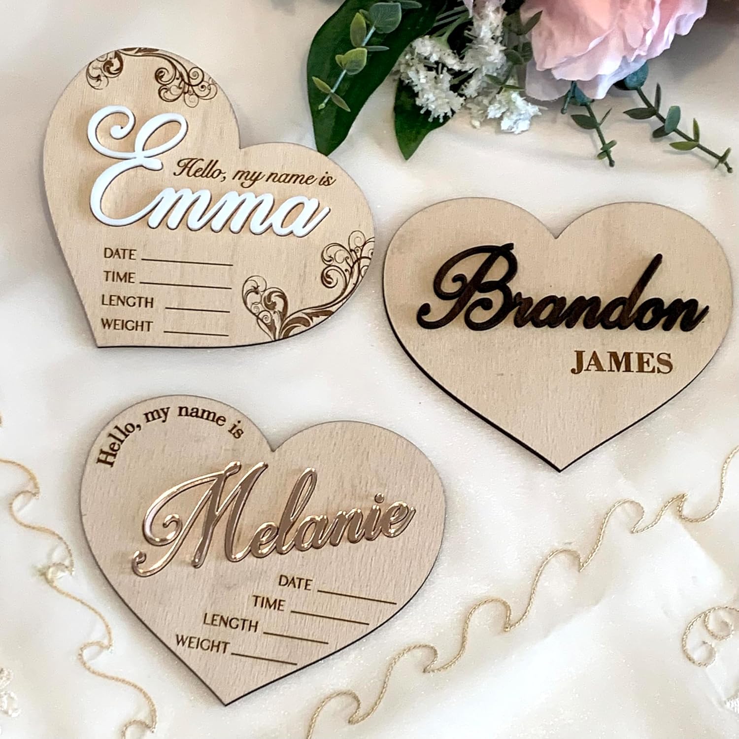 Heart Baby Announcement Sign, Personalized Name & Birth Stats, Wooden Hospital Newborn Plaque, Nursery Decor