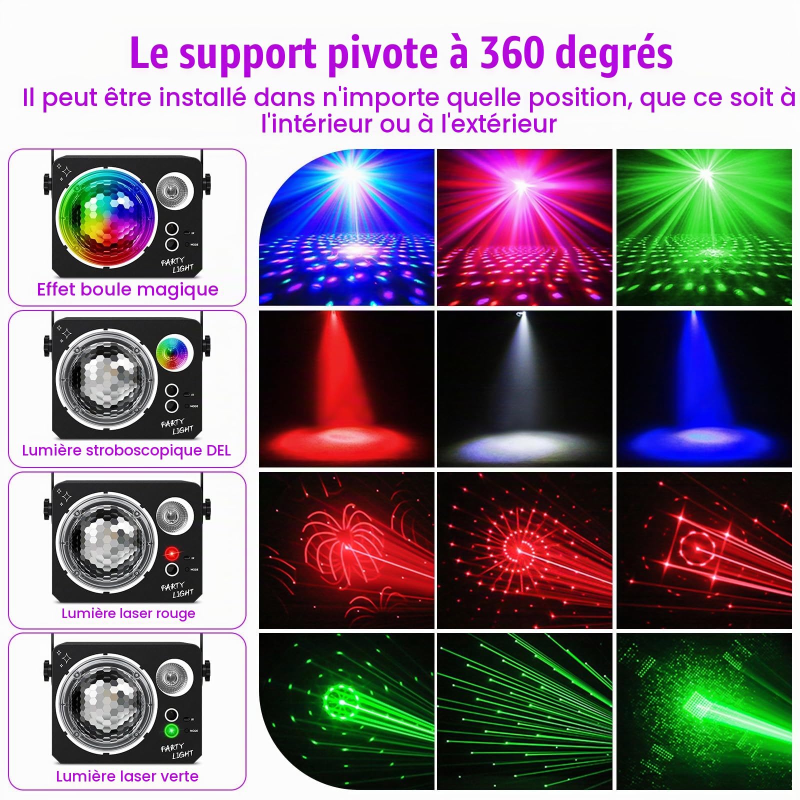Boule disco 4 en 1, lampe de soirée disco contrôlée par la musique avec télécommande, lumières disco LED, éclairage DJ, pour fêtes, bars, mariages, Halloween, Noël, anniversaires