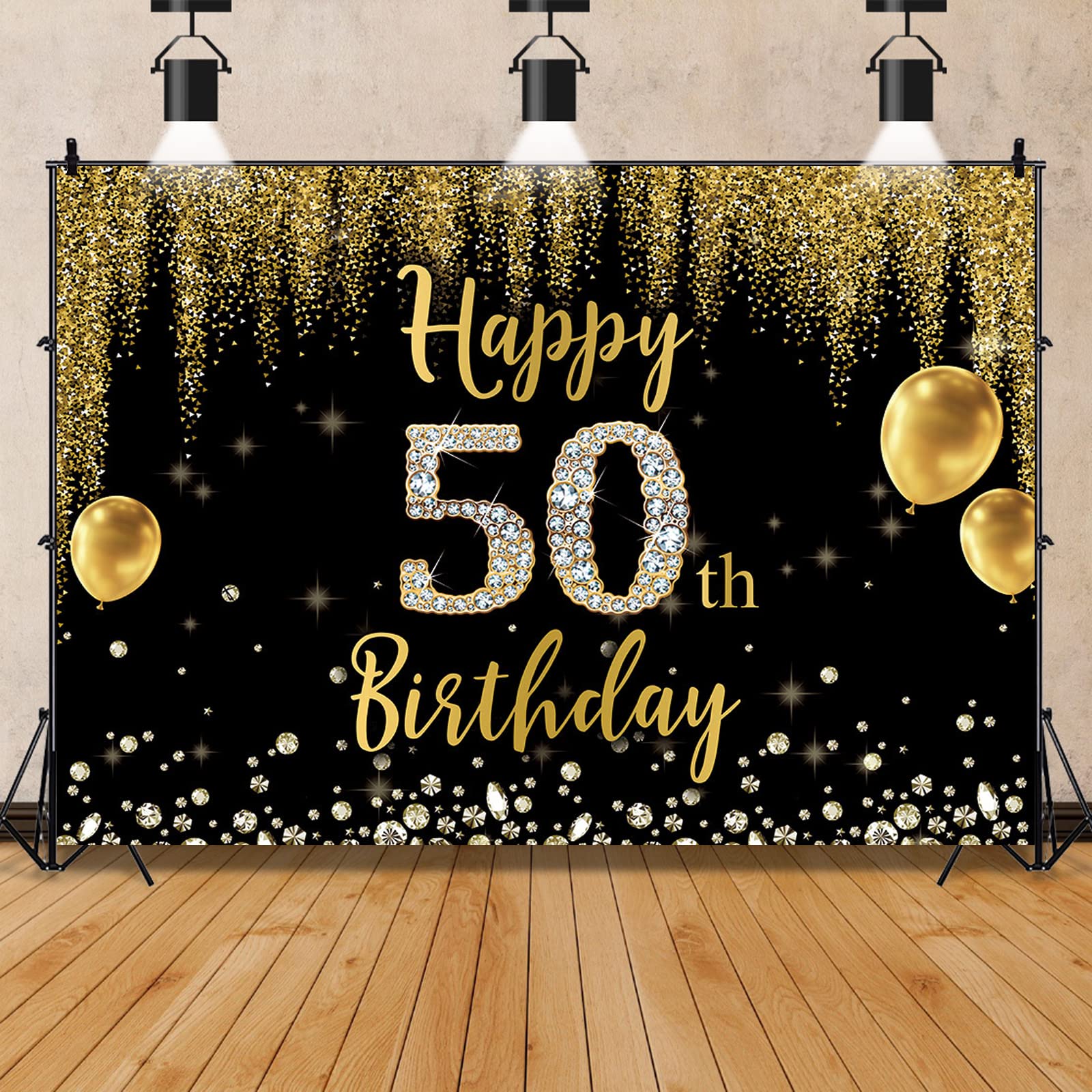 ZARROUEA 7x5ft Soft Polyester Black and Gold 50th Happy Birthday Photography Backdrop for Men Woman Shining Diamond Happy Fifty Years Old Birthday