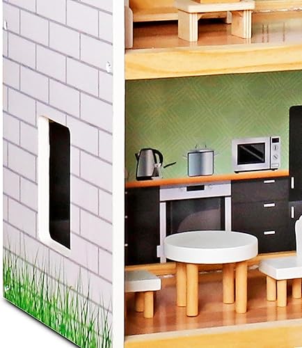 Miniatura 24 de Lil' Jumbl Casa de muñecas de madera para niños, accesorios y muebles de 17 piezas, con balcón y escaleras, juguete de casa de muñecas de 3 pisos