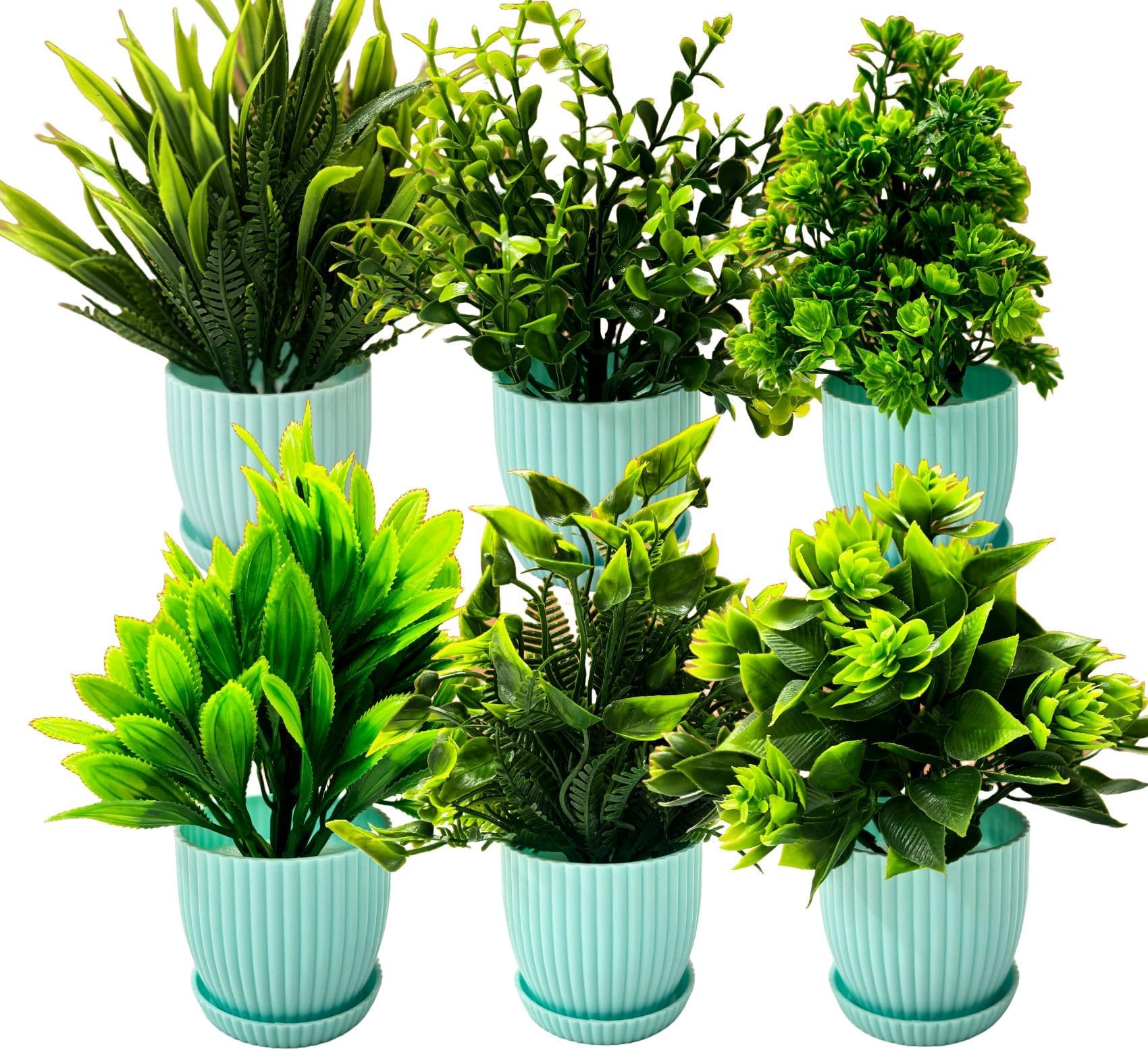 Dekorly® Plastic 6 Packs Fake Plants Small, Mini Artificial Plants Indoor for Home Farmhouse Bathroom Shelf Décor (Light Blue, Height : 17CM)