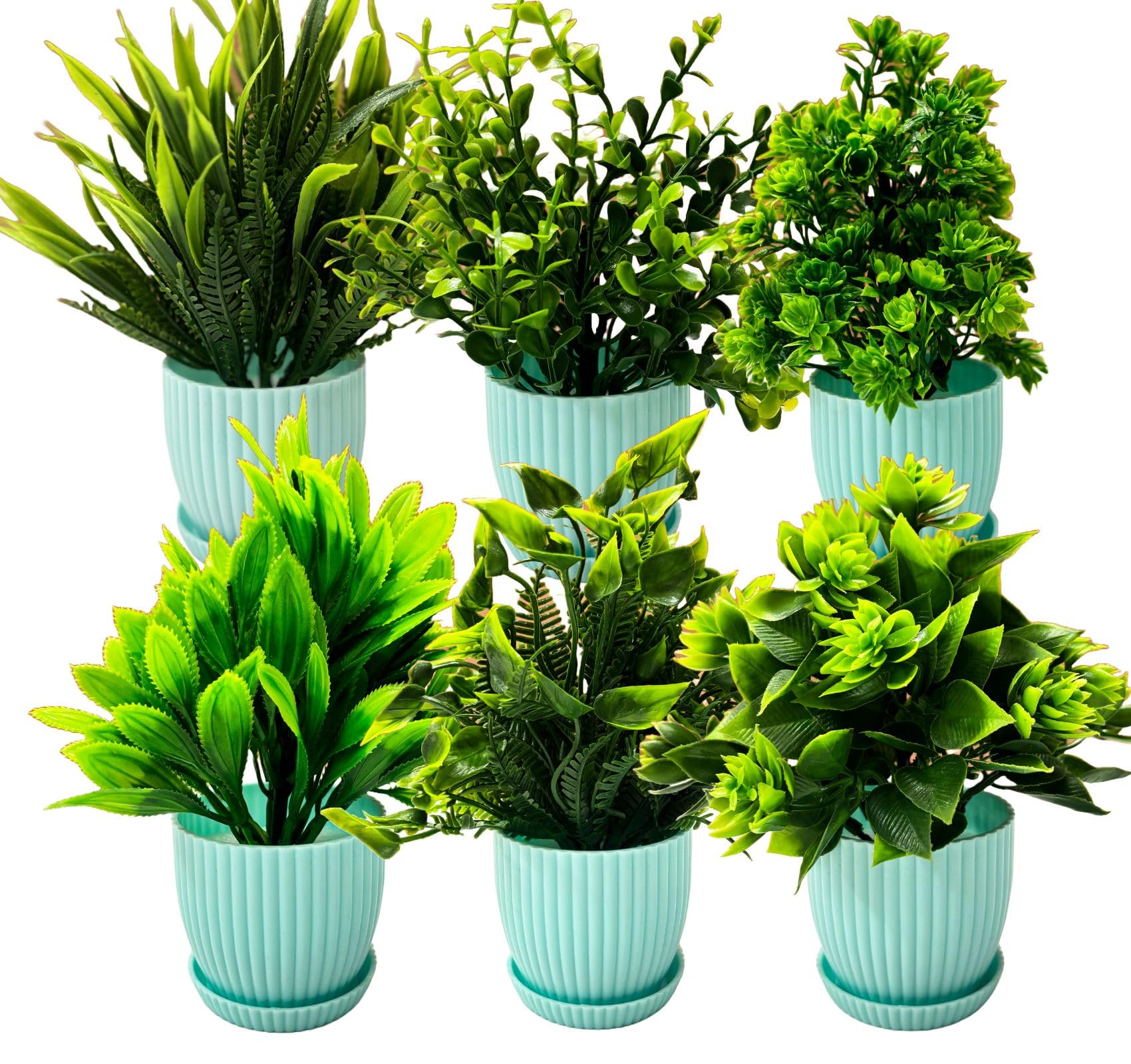 Dekorly® Plastic 6 Packs Fake Plants Small, Mini Artificial Plants Indoor for Home Farmhouse Bathroom Shelf Décor (Light Blue, Height : 17CM)