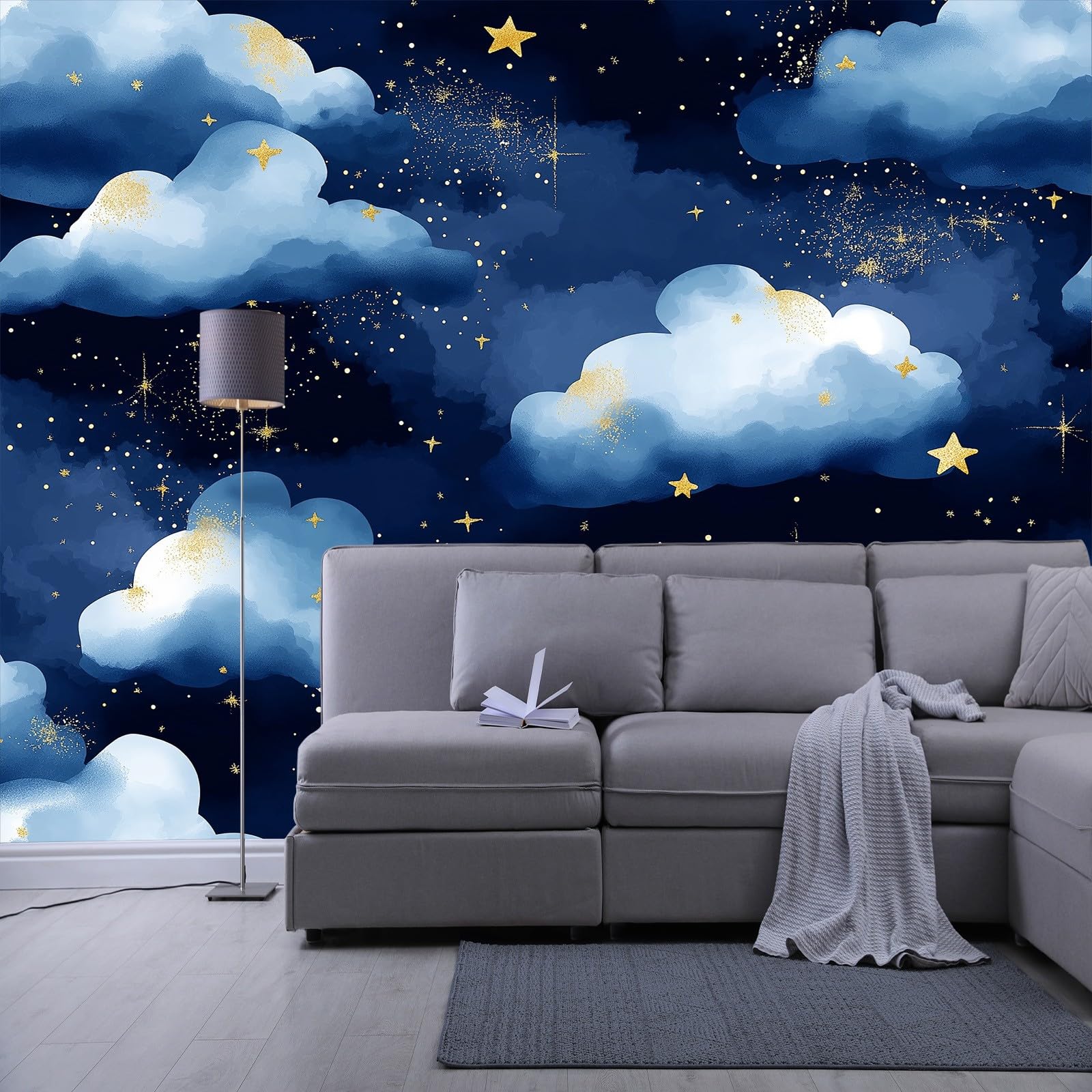 Fototapeta akwarelowa, chmury i gwiazdy, tapeta z włókniny, chmury akwarelowe, nowoczesna dekoracja ścienna, salon, sypialnia, biuro, korytarz, 400 x 280 cm (szer. x wys.)