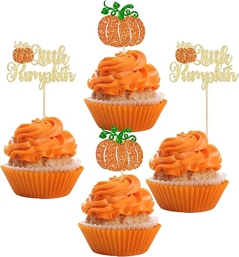 24 adornos para cupcakes de calabaza con purpurina para baby shower, temática de otoño, decoración de pastel de calabaza para Acción de Gracias,