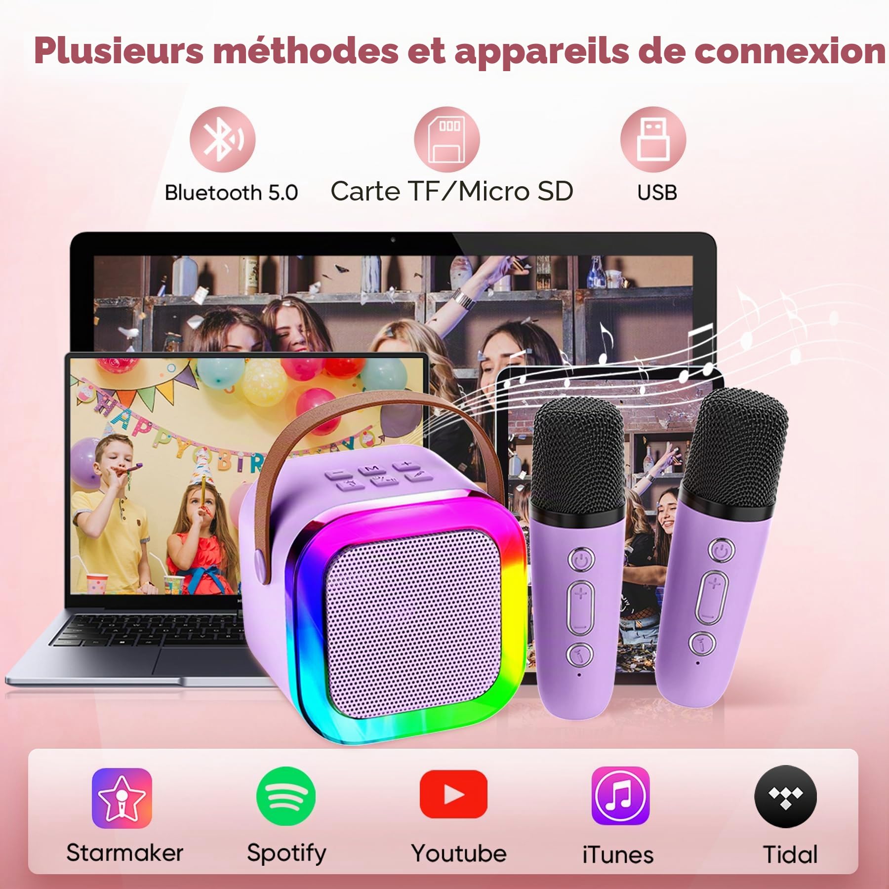 Mini Machine de karaoké pour Enfants et Adultes, Mini Machine de karaoké avec 2 Microphones sans Fil, Cadeaux d'anniversaire pour Filles âgés de 6, 7, 8, 9, 10, 12 Ans, Purple