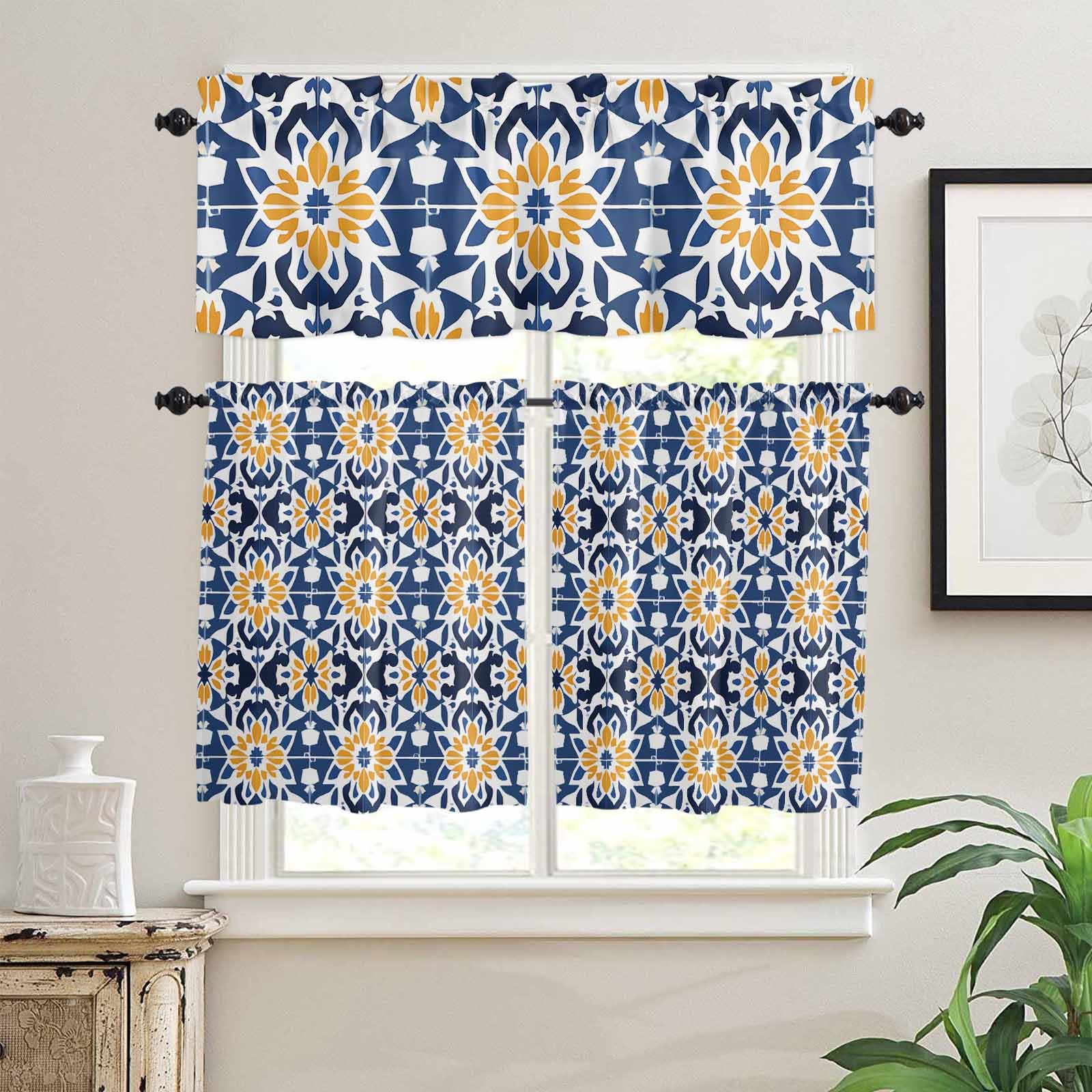Blue Morocco Kitchen Curtains 36 Inch Length, 3 Piece Rod Pocket Small Half Tiers and Valance Set, Boho Geometric Antique Oriental Pattern Small Large Window Treatment Decor for Bedroom/Bathroom Sink