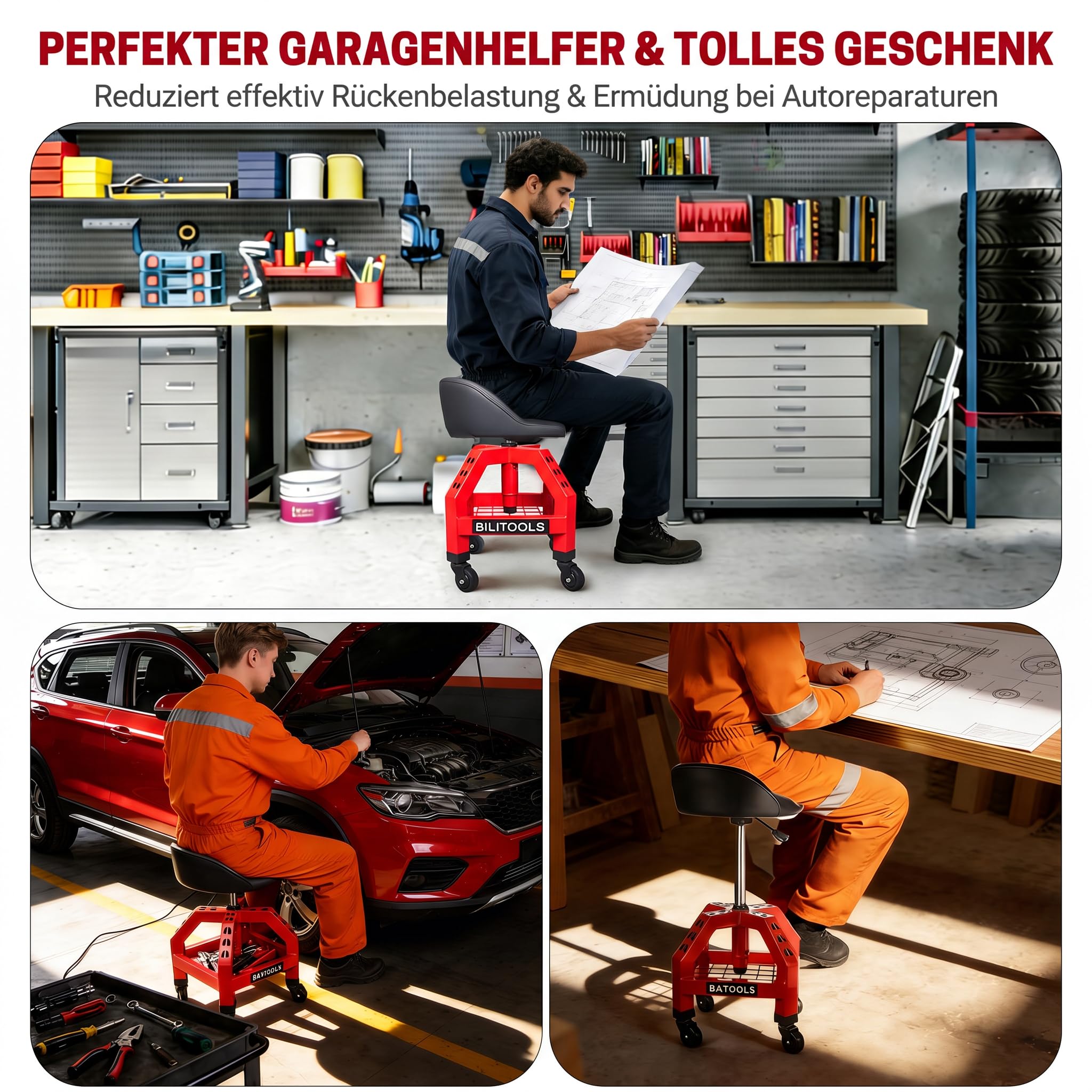 BILITOOLS Werkstatthocker mit Rollen, höhenverstellbar, 150 kg, Rückenlehne