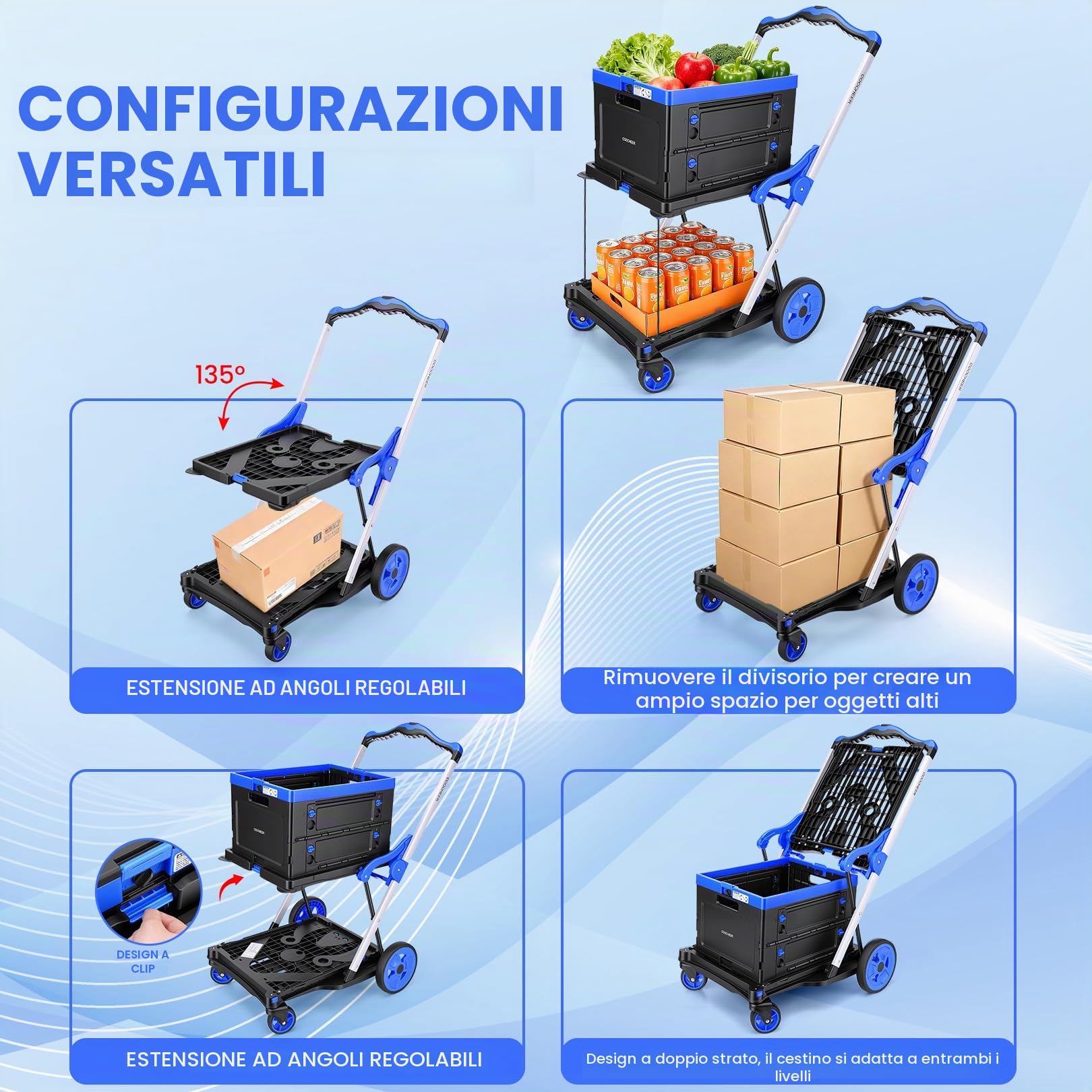 COOCHEER Carrello Trasporto Pieghevole - 90kg Carico Max, Trolley 2 Livelli con Cesto Removibile, Sistema One-Click 3s, Altezza Regolabile - Spesa, Casa, Magazzino & Viaggio
