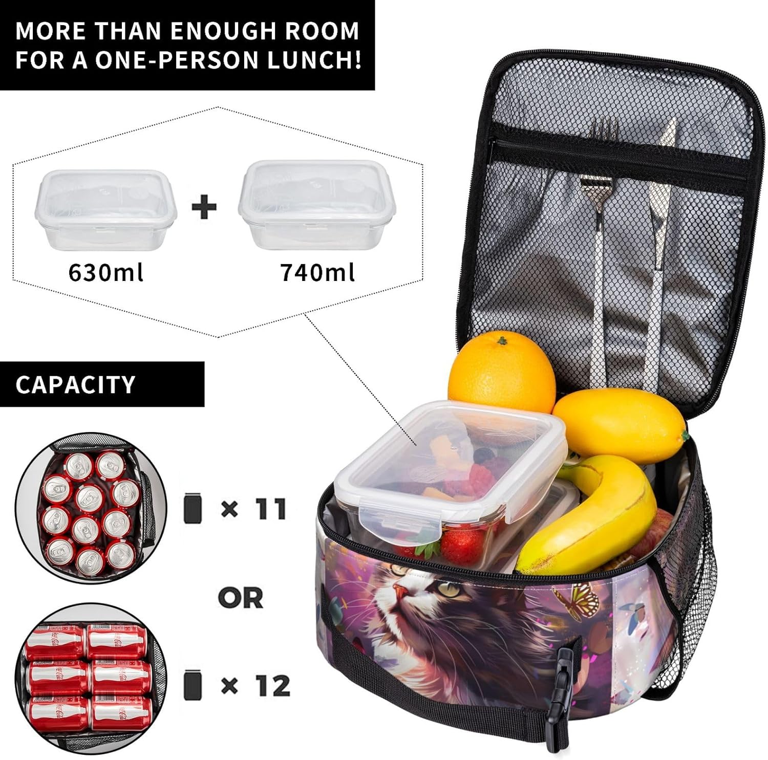 Insulated Lunch Box for Women Men, Cute Cat Theme Lunch Box Reusable Portable Lunch Bag Cooler Tote Waterproof Lunch Container for Office Picnic Work Travel - Image 4