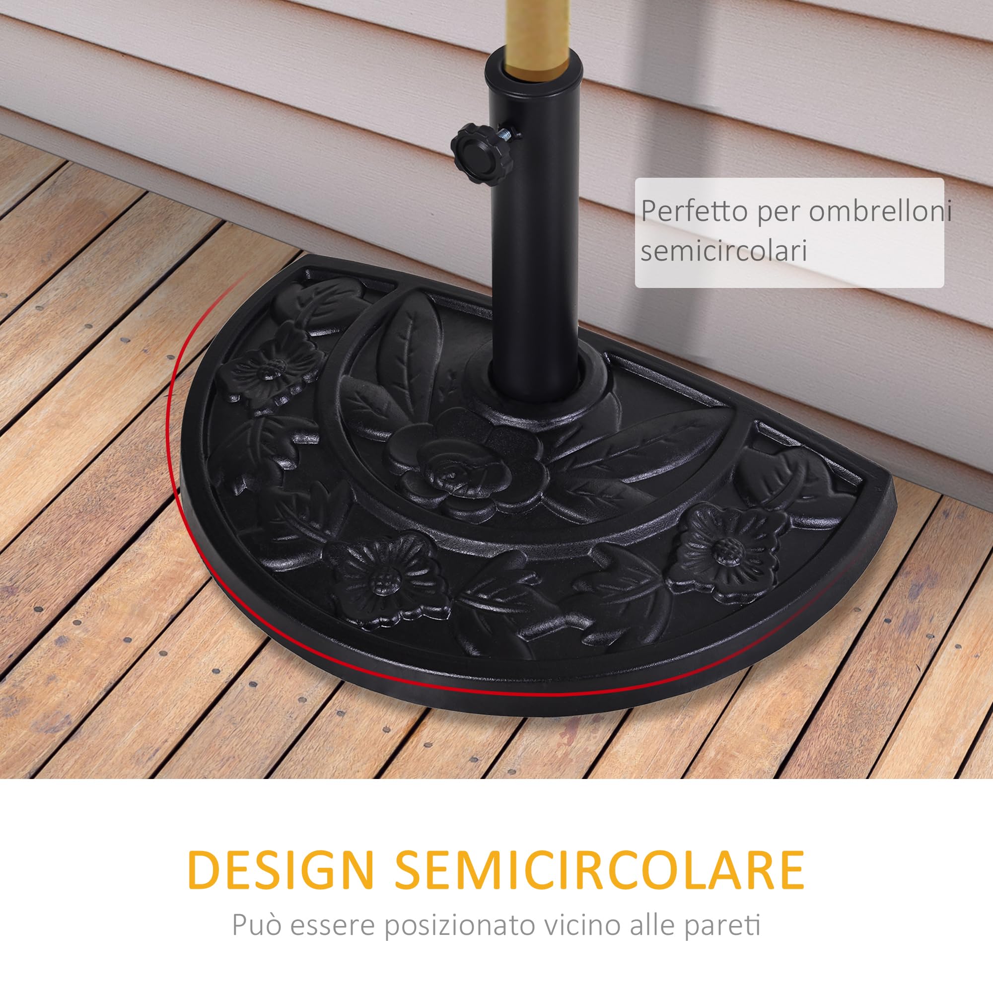 Outsunny Base per Ombrellone a Mezzaluna da Ø38 mm e Ø48 mm con Manovella, Basamento per Ombrellone in Resina, Base Ombrellone a Parete 50x31x32 cm, Nero