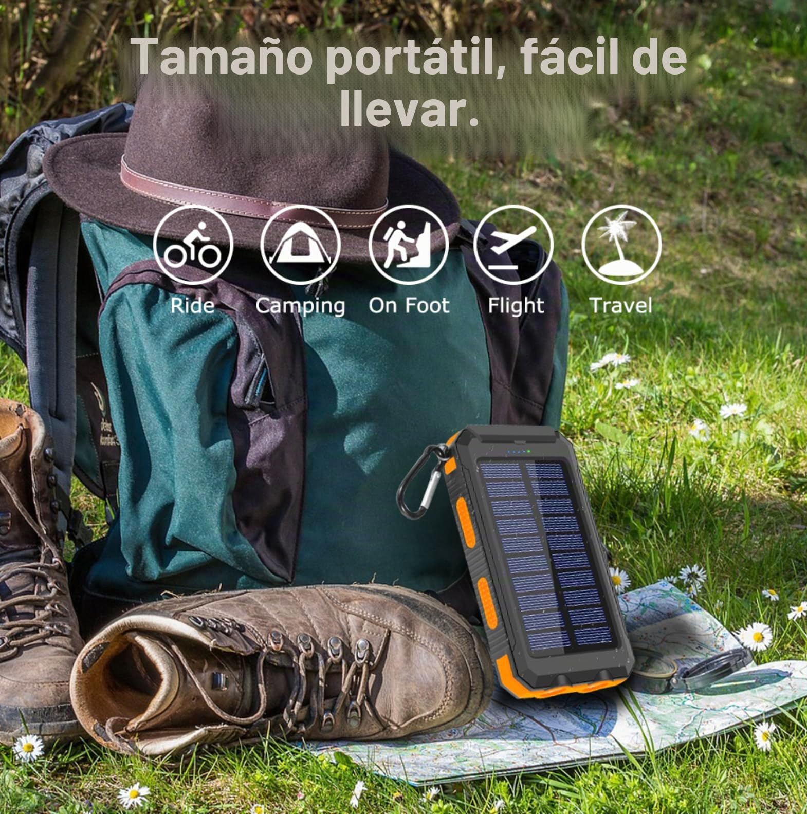 Power Bank Solar 20000mAh – Cargador Portátil 3 en 1 Impermeable y Resistente – Carga Rápida USB y USB-C con Linterna – Batería Externa para iPhone, Samsung – Camping, Outdoor y Emergencias