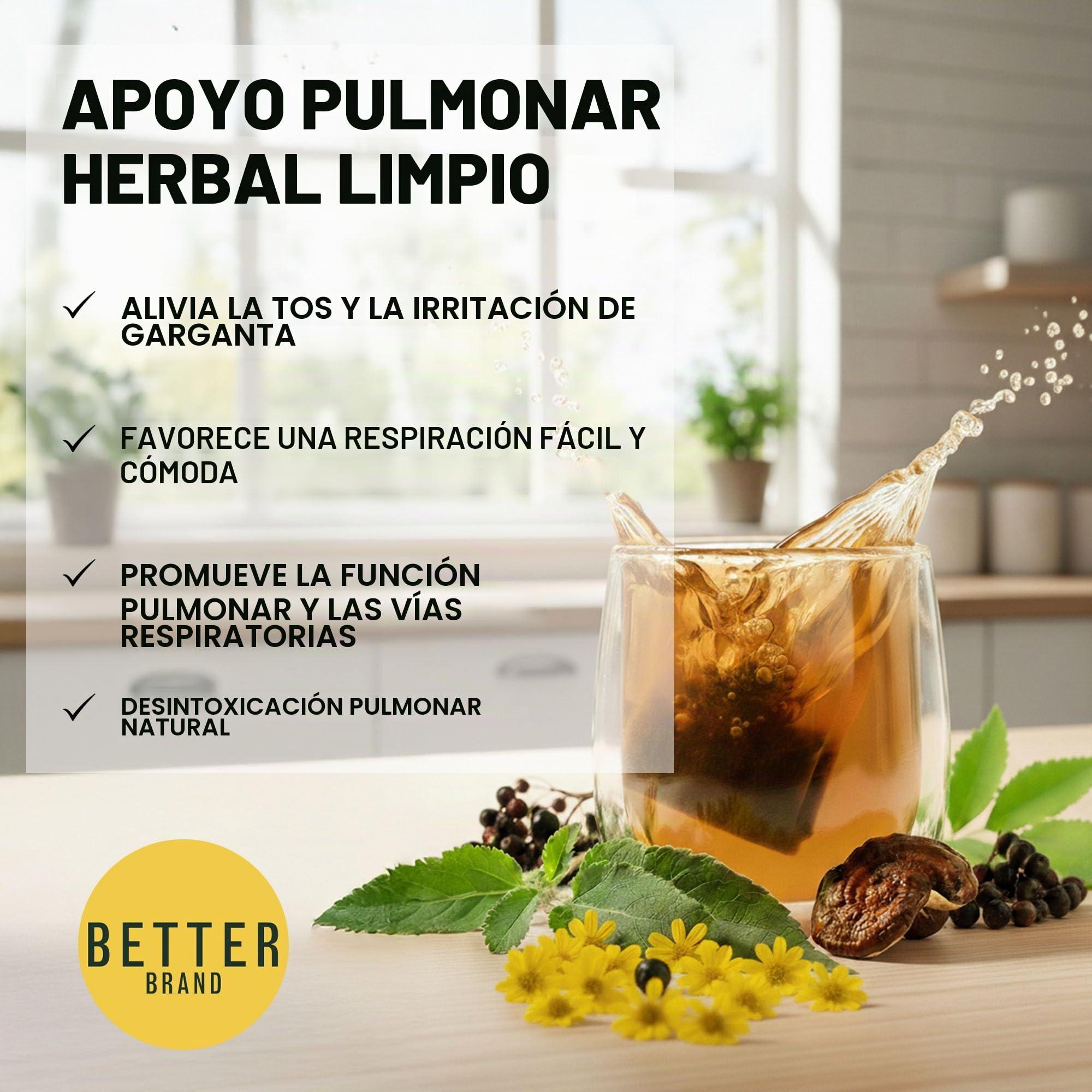 Betterbrand Bolsas de té de gordolobo para desintoxicación pulmonar, apoyo respiratorio con tomillo, saúco, ginseng, jengibre, mezcla de hierbas sin cafeína, 15 bolsas de té (paquete de 1)