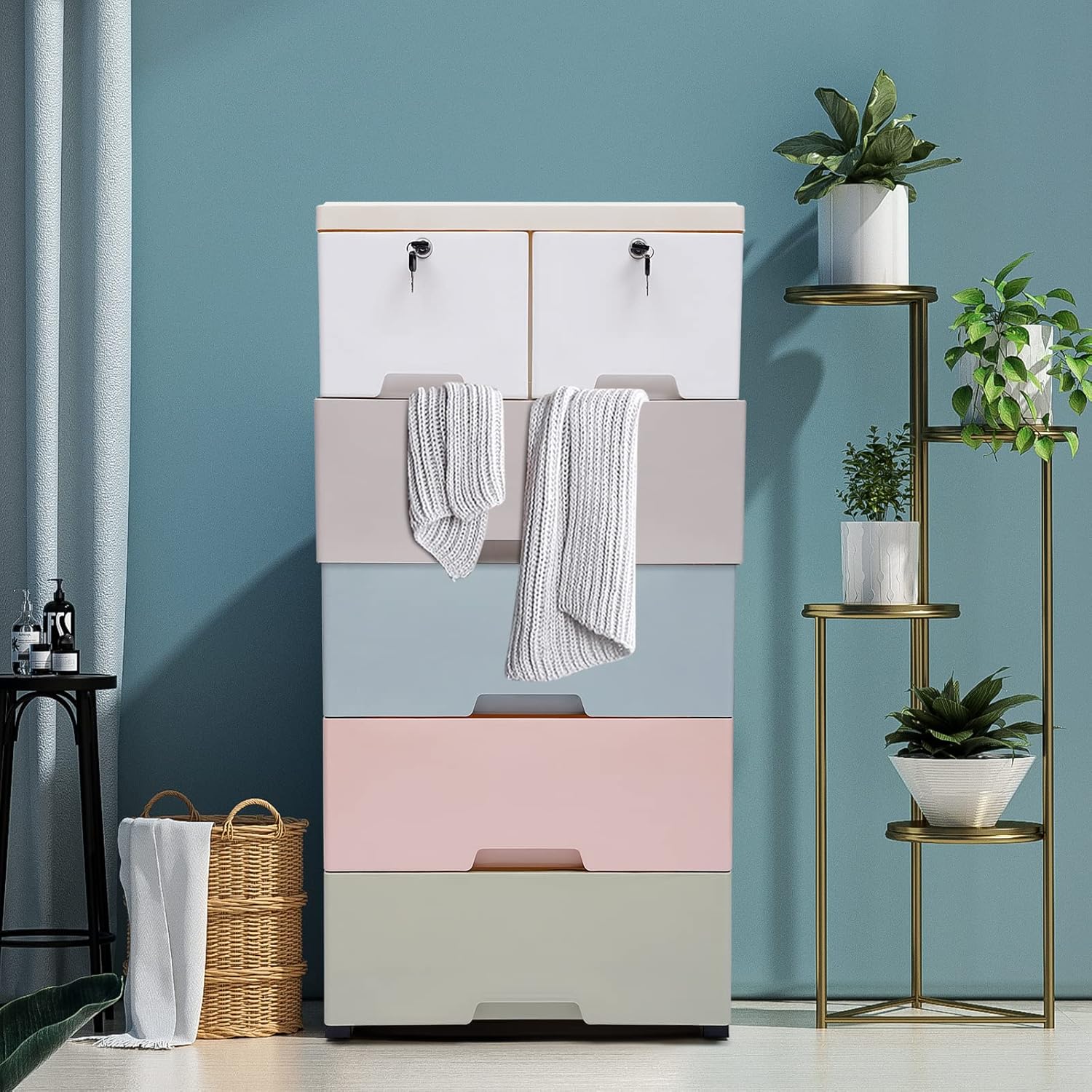 Plastic Drawers for Clothes, 5-Tier 6-Drawer Plastic Drawer Storage, Food-Grade PP Material, Lockable Drawers, Storage Drawers for Bedroom/Playroom (Multi-Color)