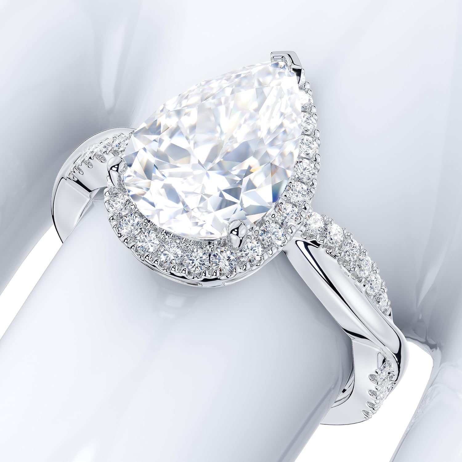 THELANDA Sterling Silver Petite Twisted Vine 3CT Teardrop Pear-Shaped Genuine Moissanite Halo Engagement Ring Promise Ring