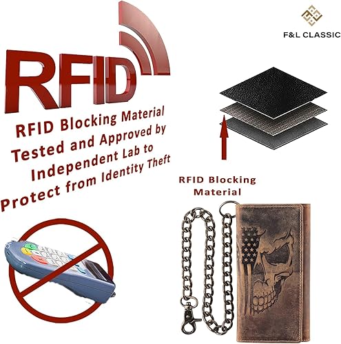 Miniatura 7 de F&L CLASSIC RFID bloqueo para hombre triple estilo largo cuero de vaca cadena de acero billetera, bandera marróncalavera, 212-103