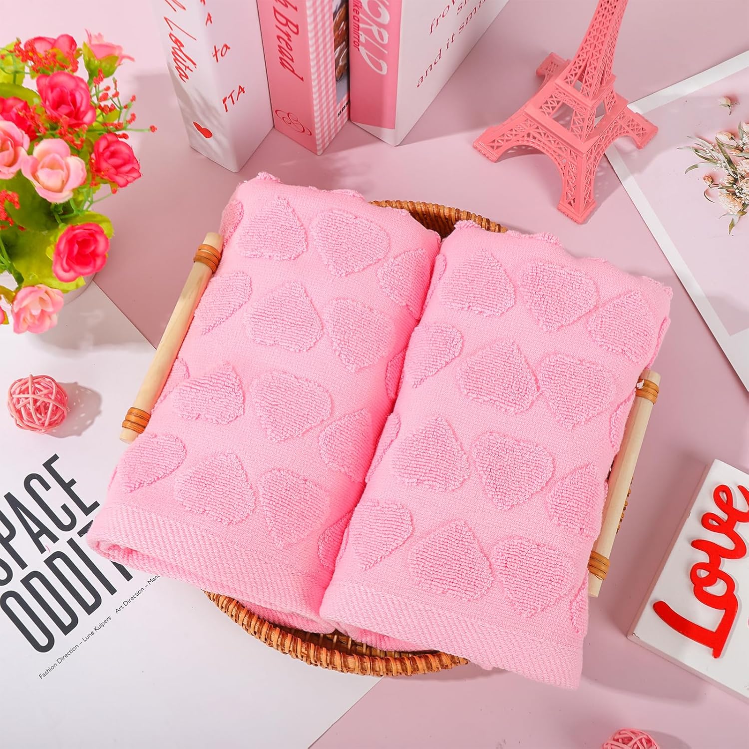2Pcs Valentine Hand Towels 3D Pink Heart Cotton Bathroom Towels Plush Bath Towels for Drying Cleaning Cooking, 29.5 x 13.7 Inch - Image 4