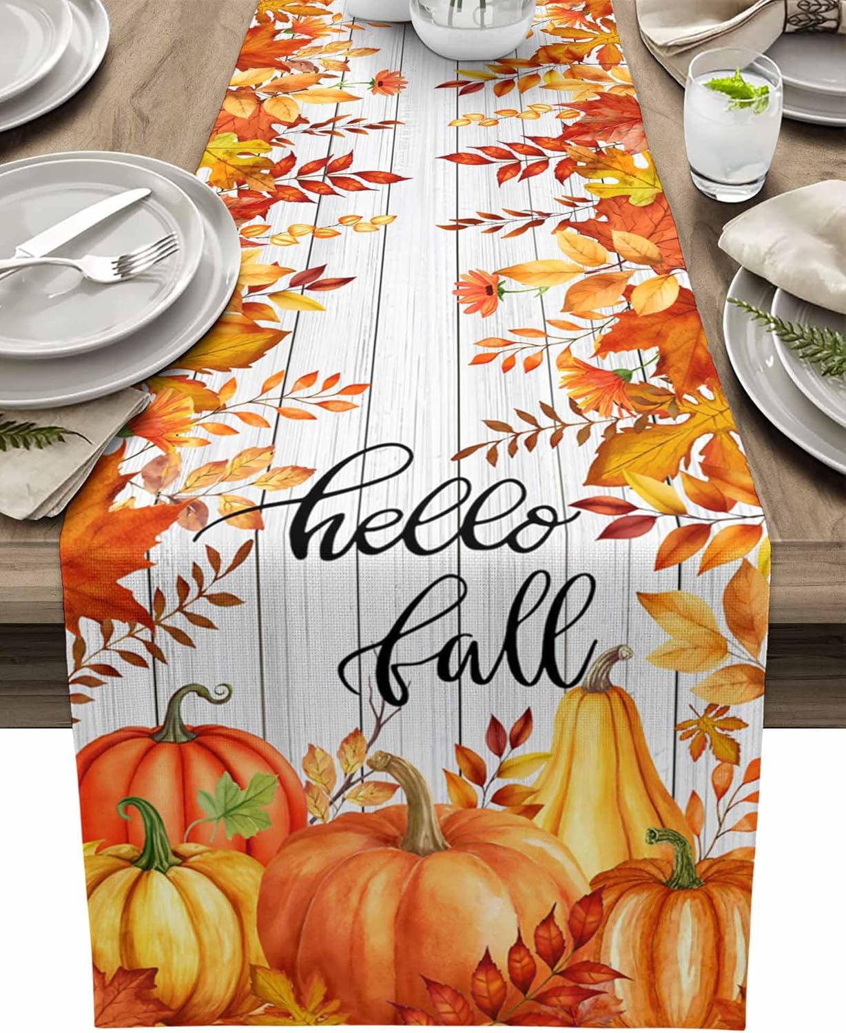 Hello Fall Pumpkin Table Runner Dresser Scarves, Thanksgiving Wood Texture 120 inches Long Dining Table Runner, Autumn Non-Slip Washable Table Setting Decor for Wedding Party Holiday Dinner