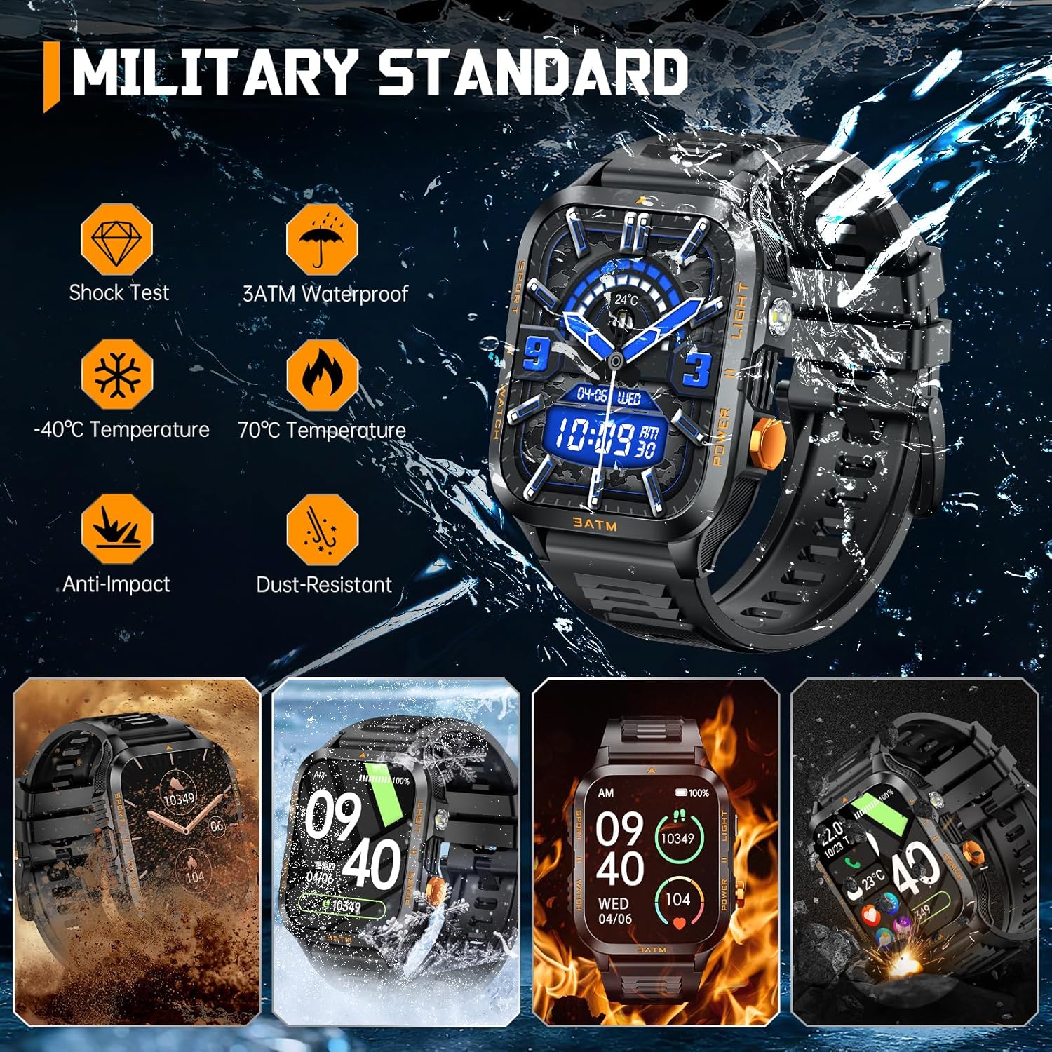 Military Smart Watches for Men (Answer/Make Calls) with Powerful Flashlight 1.96" HD, Outdoor Tactical Smartwatch with Big Battery 880mAh Sport Modes Health Monitor 3ATM for iPhone/Android - Image 2
