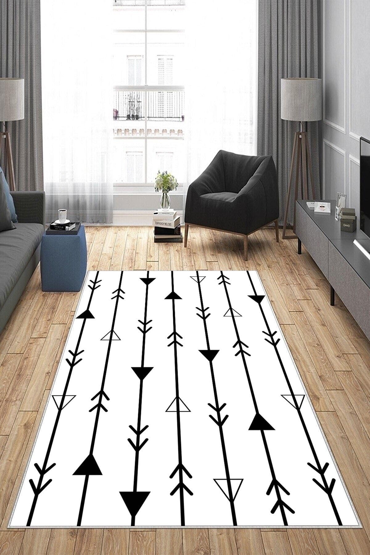 On The Clouds Geometrik Etnik Ok Desenli Siyah Beyaz Dijital Baskı Yıkanabilir Kaymaz Taban Modern Salon Halısı BFOGEO1, 160 x 250