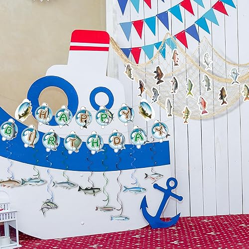 Miniatura 5 de Outus 37 piezas de decoraciones de fiesta de cumpleaños de pesca, incluyen red de pesca con texto en inglés "Gone Fishing Net", pancarta colgante de
