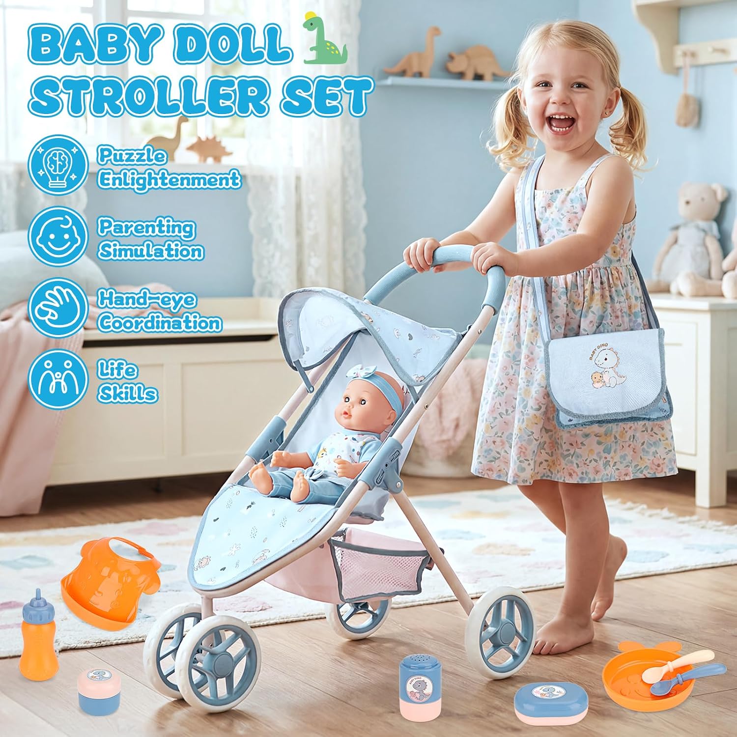 deAO Baby Doll Stroller Foldable Toy Stroller with Storage Basket and Bag, Feeding, Bath Care Doll Accessories Pretend Play Gift for Girls Toddlers Ages 3+
