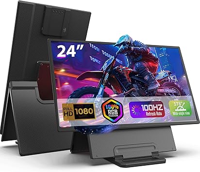 24" Large Portable Monitor, 1080P FHD 100Hz IPS Monitor, Height-Adjustable & Rotatable ScreenHorizontal/Vertical, Built-in Speakers, Requires Wall Outlet, Travel Monitor for Laptop / MacBook / PC