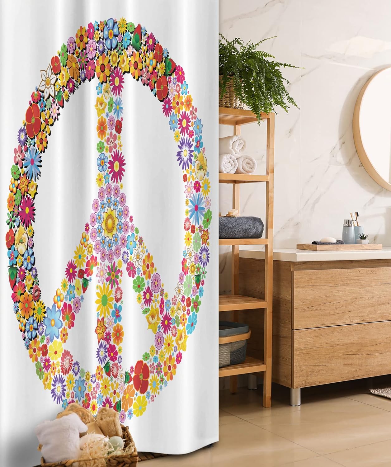 Ambesonne Groovy Stall Shower Curtain, Floral Peace Sign Summer Spring Blooms Love Happiness Themed Illustration Print, Fabric Bathroom Decor Set with Hooks, 36" W x 72" L, White