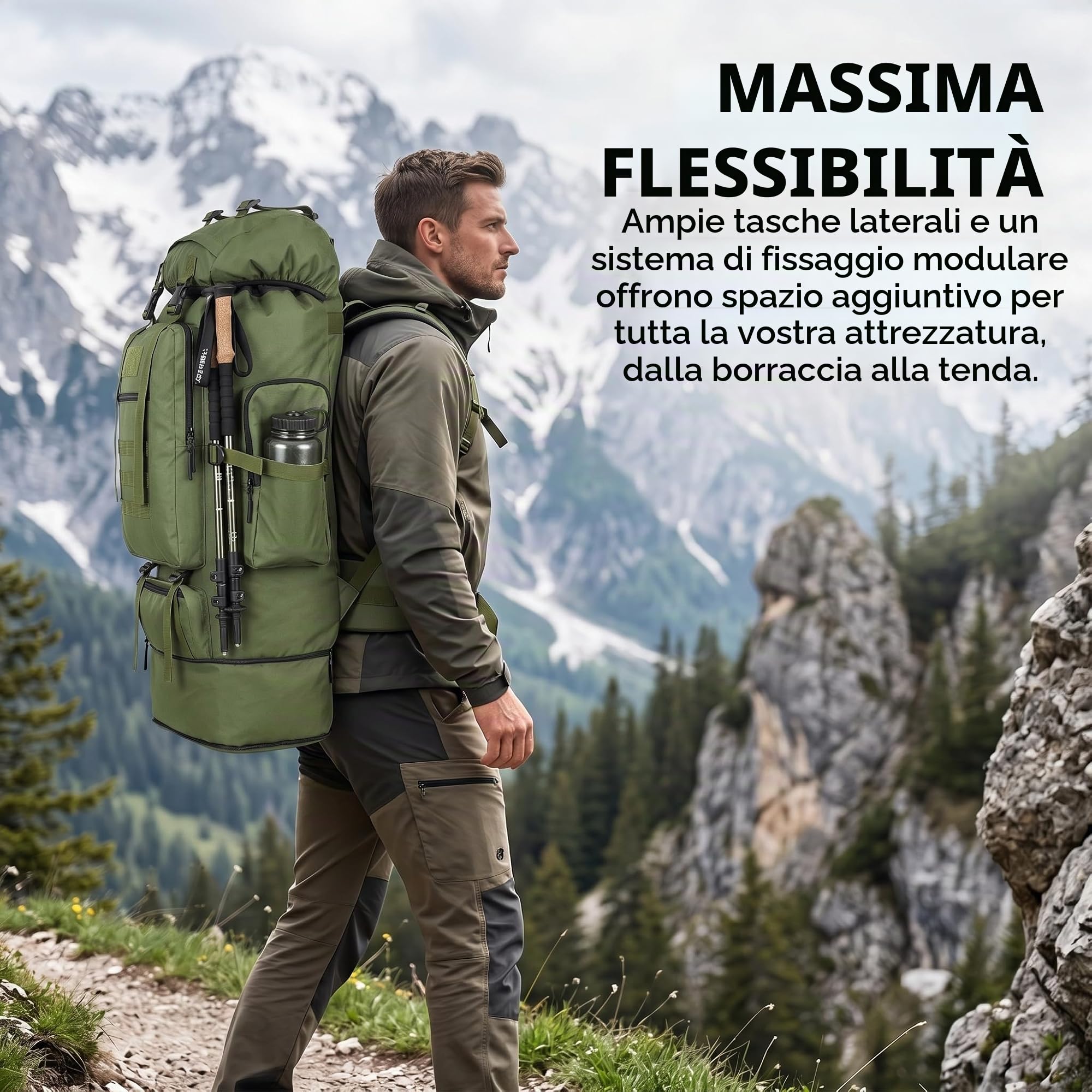 Zaino da trekking e escursionismo da 100 l, grande, per campeggio, viaggi e avventure, ergonomico, impermeabile, robusto, nero e verde militare