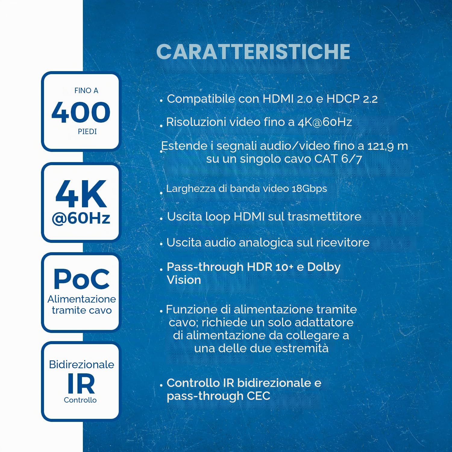 Orei - Extender balun HDMI 4K - HDBaseT UltraHD 4K @ 60Hz 4:4:4 su singolo cavo CAT5e/6/7 con controllo HDR, CEC e IR, RS-232 - fino a 122 m - Loop Out - Power Over Cable - Uscita audio