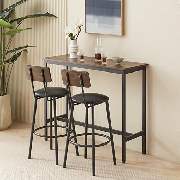 Rustic Brown Bar Table Set with 2 Stools, Soft PU s, 43.3L x 15.75W x 35H