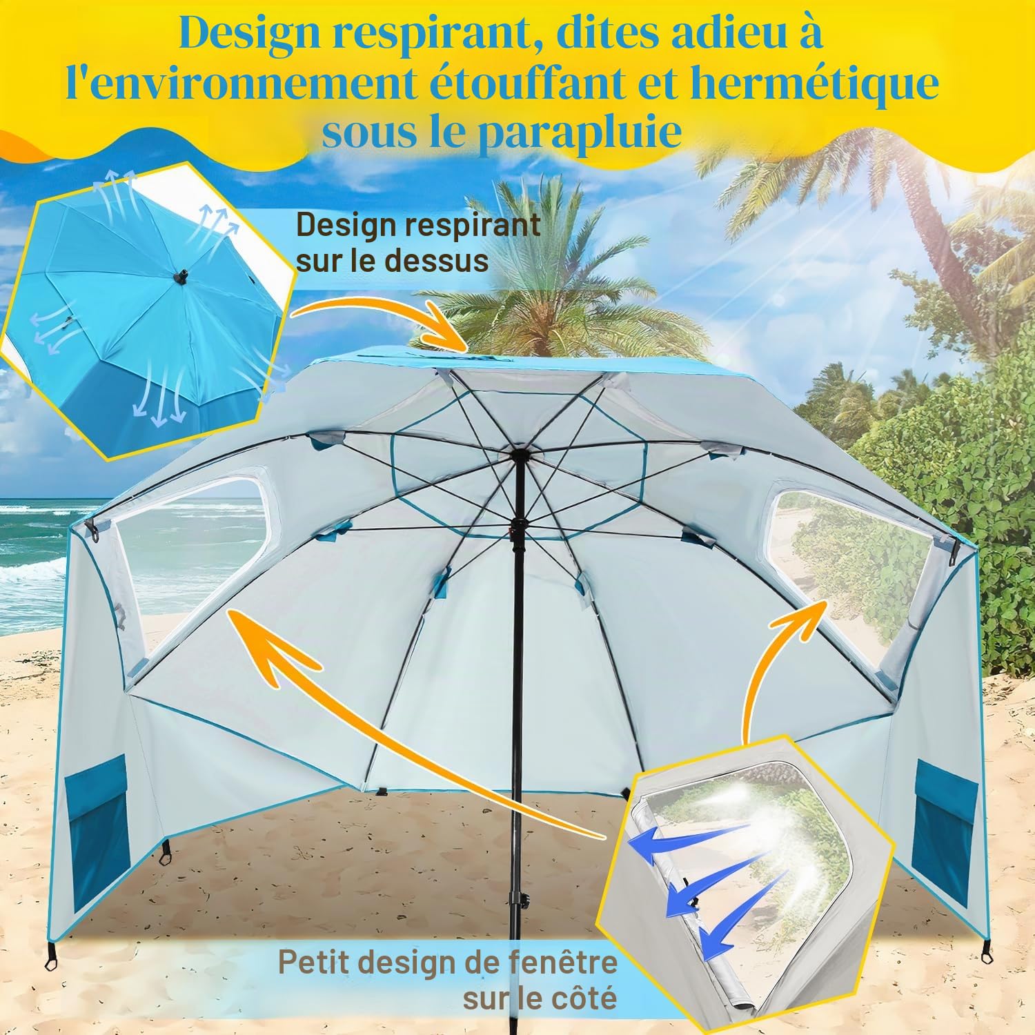 Herrselsam Parasol tente de plage | Parasol robuste 2 en 1 pour plage et jardin | Crème solaire imperméable anti-UV | Pliable multifonctionnel | Bleu ciel