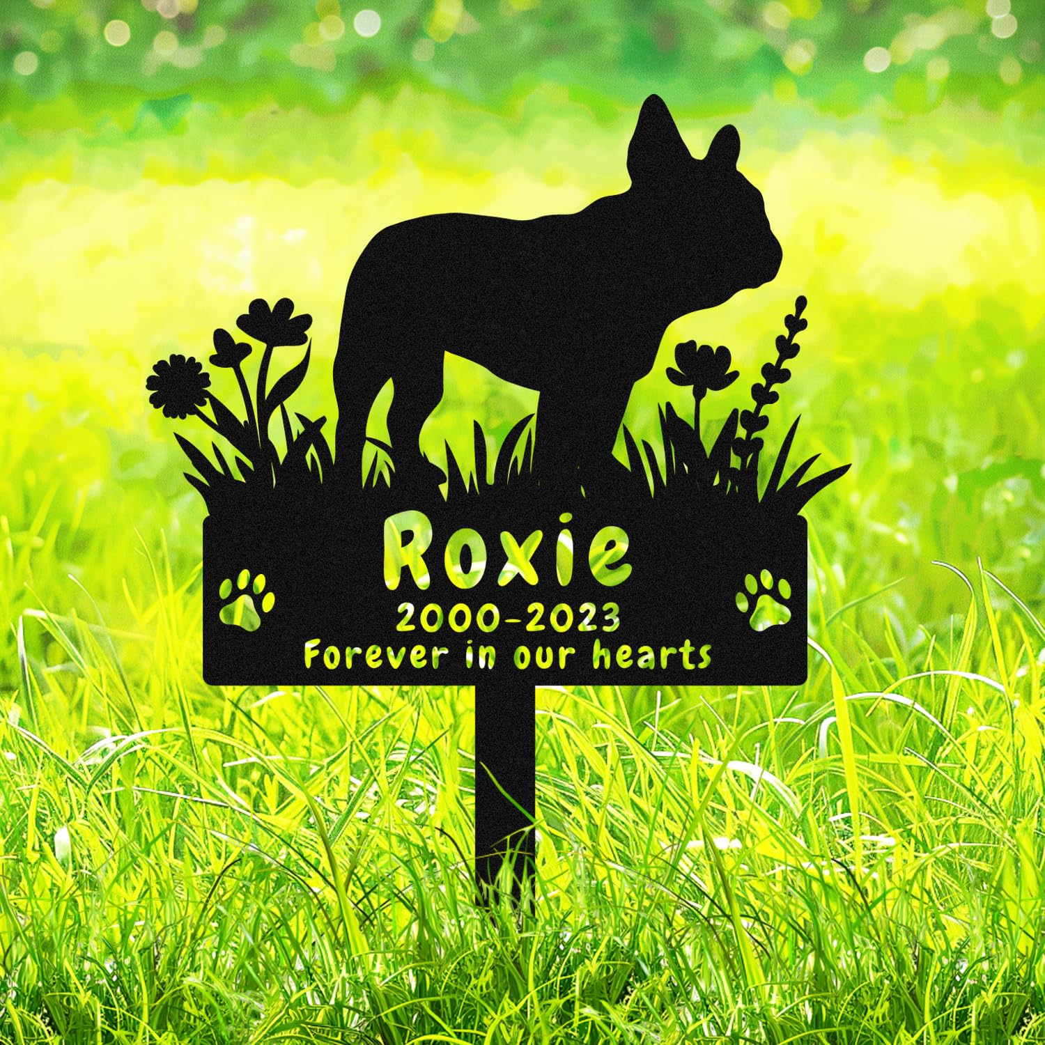 AdtHYUxq Personalised Bulldog Memorial Stake Grave Marker, Custom Flowers Dog Memorial Grave Marker Metal Garden Stake, in Memorial of Dog Loss Sympathy Gift Dog Memorial Plaque Bulldog