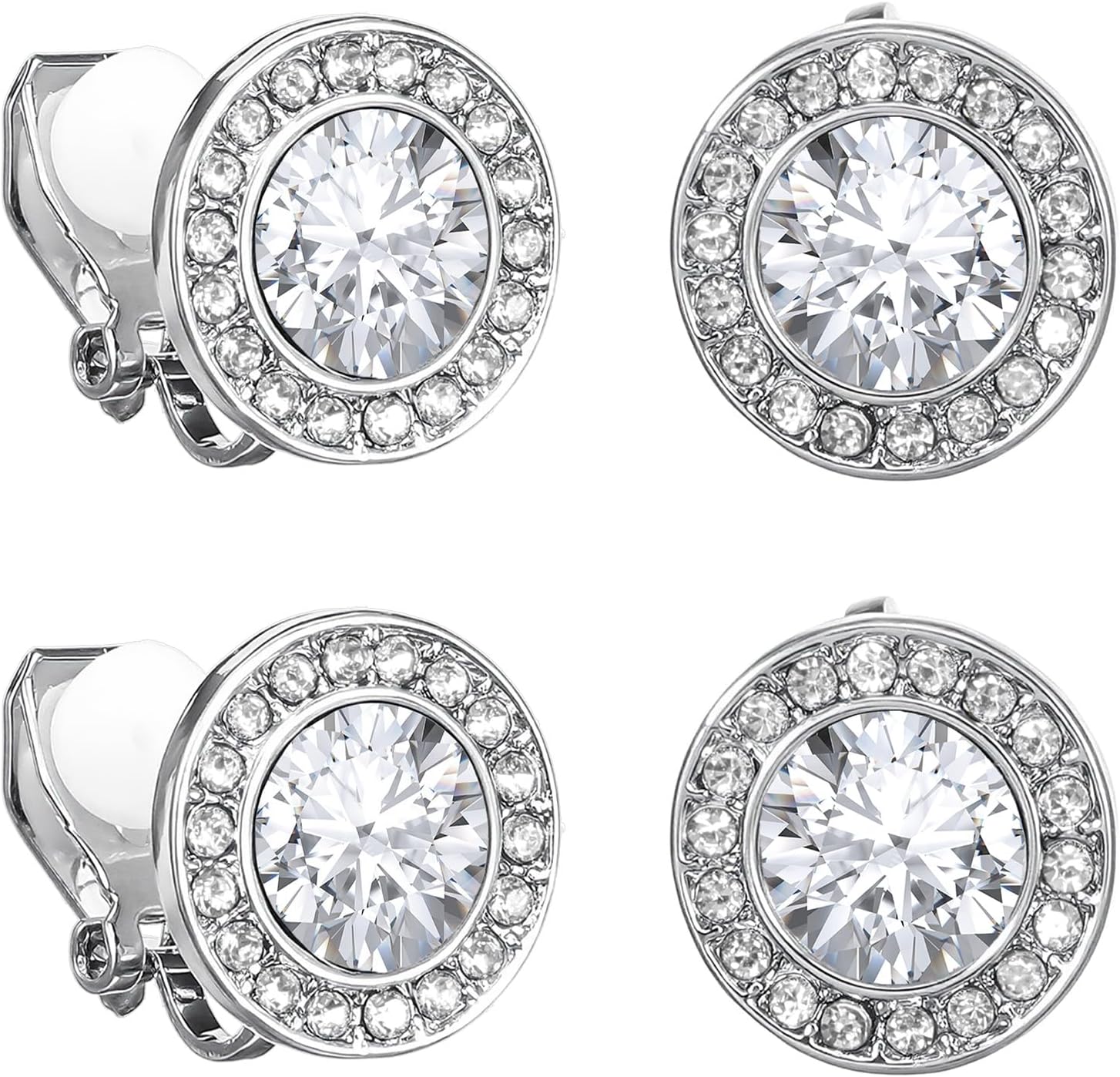 TIESOME 2 Pairs Bling Clip on Dance Earrings, Crystal Clip On Stud Rhinestone Ear Clips Silver Round Earring for Opera Performance Wedding Party Jewelry Non Pierced Stud Earrings For Women