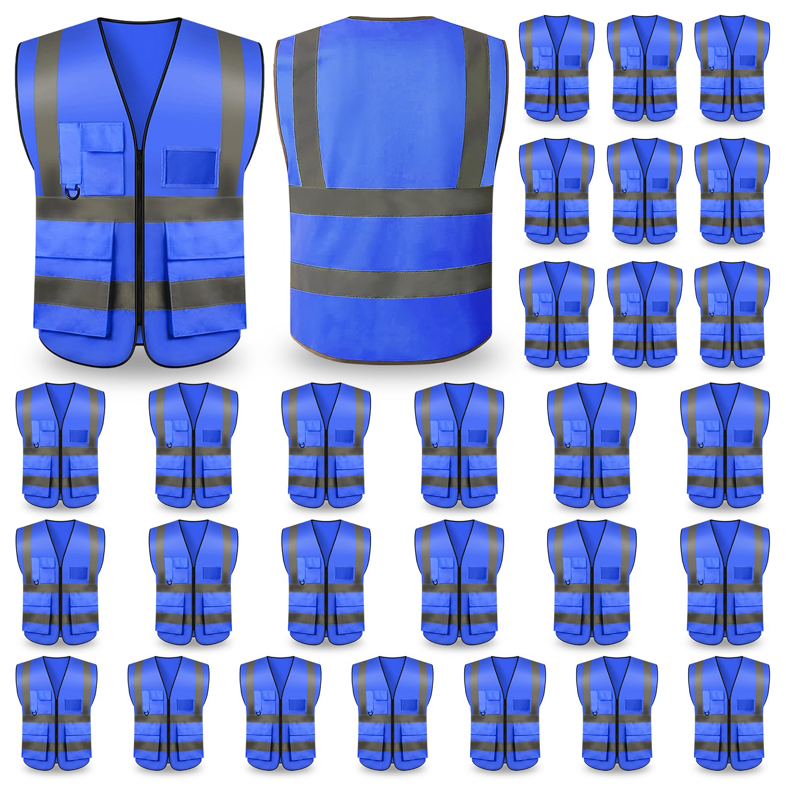 30 Pack Hi Vis Reflective Safety Vest with 5 Pockets and Zipper for Men & Women, Neon Working Vest - One Size