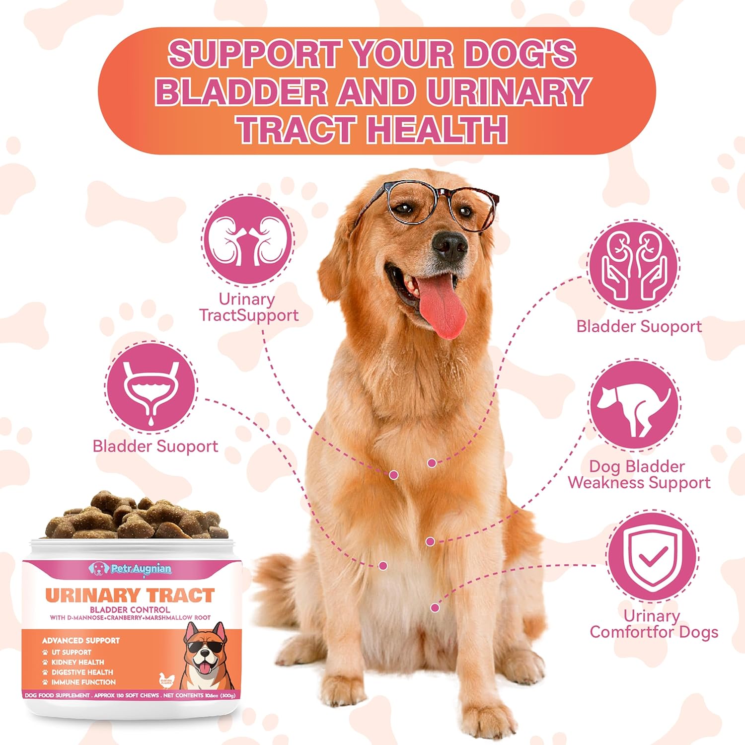 Dog Urinary Tract Supplement & Natural UTI Medicine Cranberry & D-Mannose -Kidney+Bladder Support - Best Prevention Incontinence & Bladder Stones-Cranberry Supplement - 150 Chews