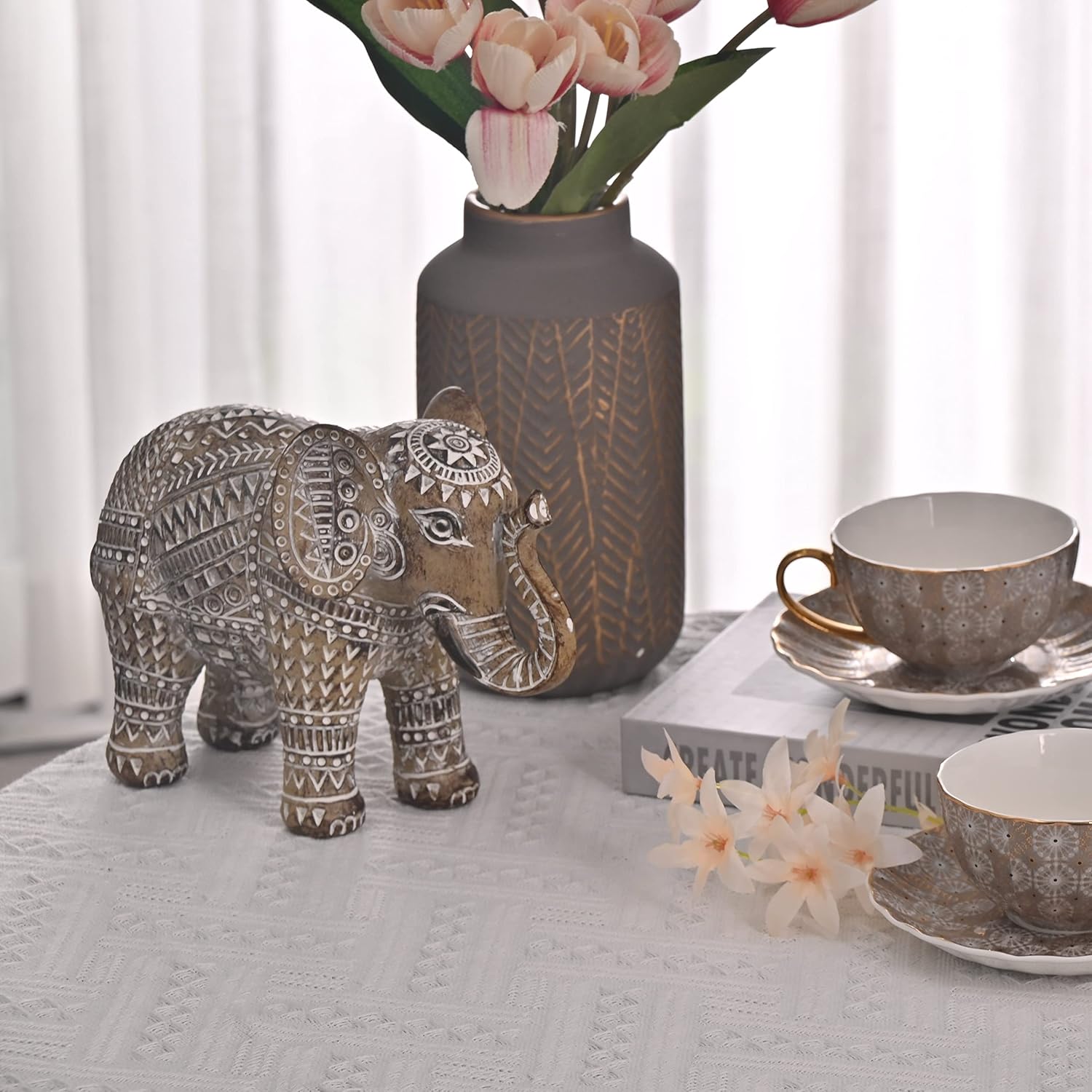 TERESA'S COLLECTIONS Boho Elephant Decor, Elephant Statues Brings Good Luck for Home Decor, Jumbo Figurines Resin for Bookshelf, Living Room, Centerpiece Home Decorations Gifts for Mom, 4.3"
