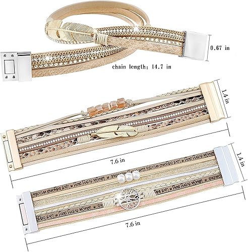 Miniatura 6 de Leather Wrap Bracelet Set 3Pack Wrist Cuff Bracelet for Women Multilayer Magnetic Clasp Bracelet Feather Tree Bead Crystal Bracelet