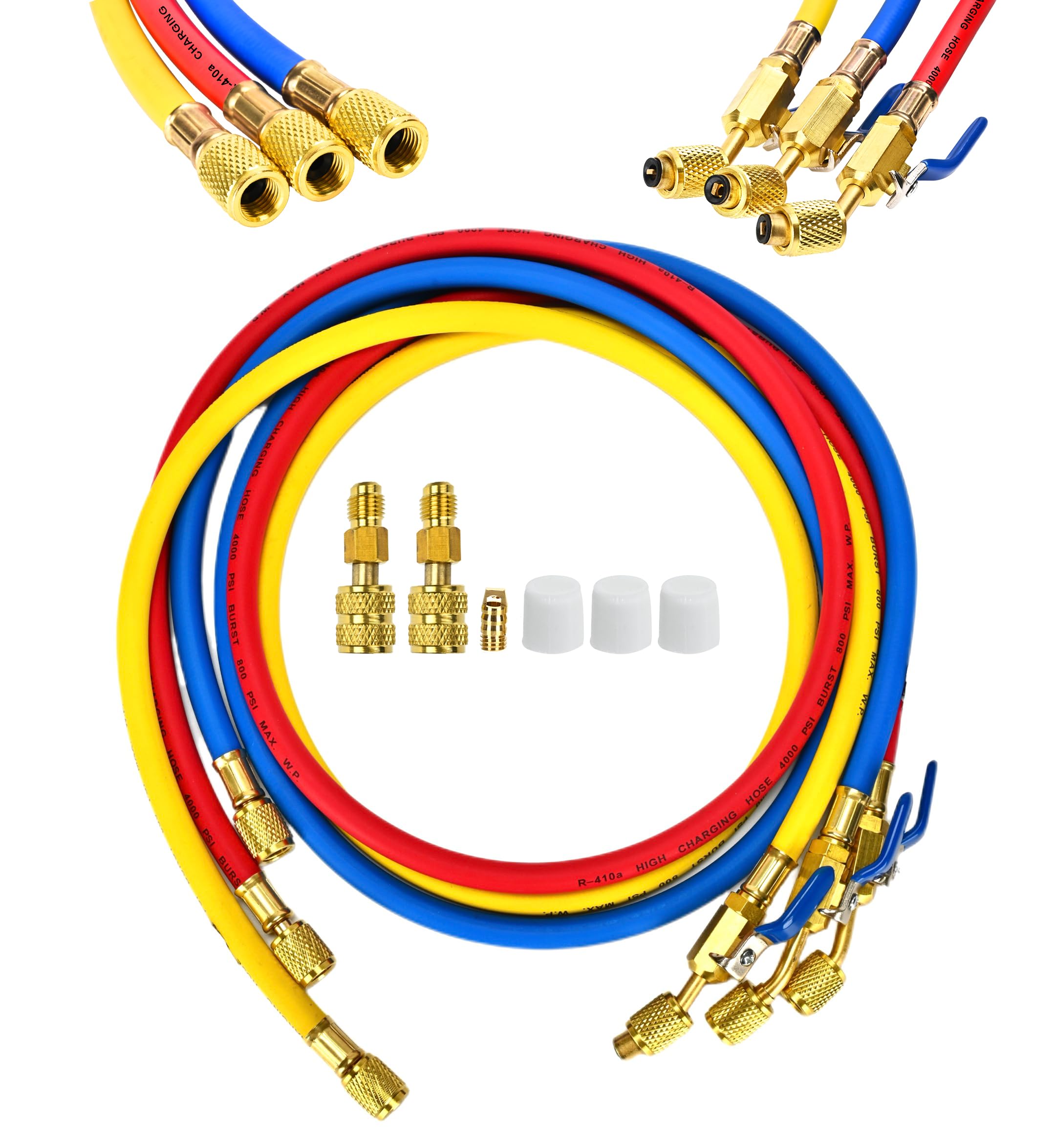Upgraded 60 Inch R-410A Refrigerant Charging Hoses with Ball Valves, 1/4" x 1/4" Hoses with Pressure Relief Groove & R-410A Conversion Adapter, Compatible with R-22/R-410A/R-134A, 3-Pack