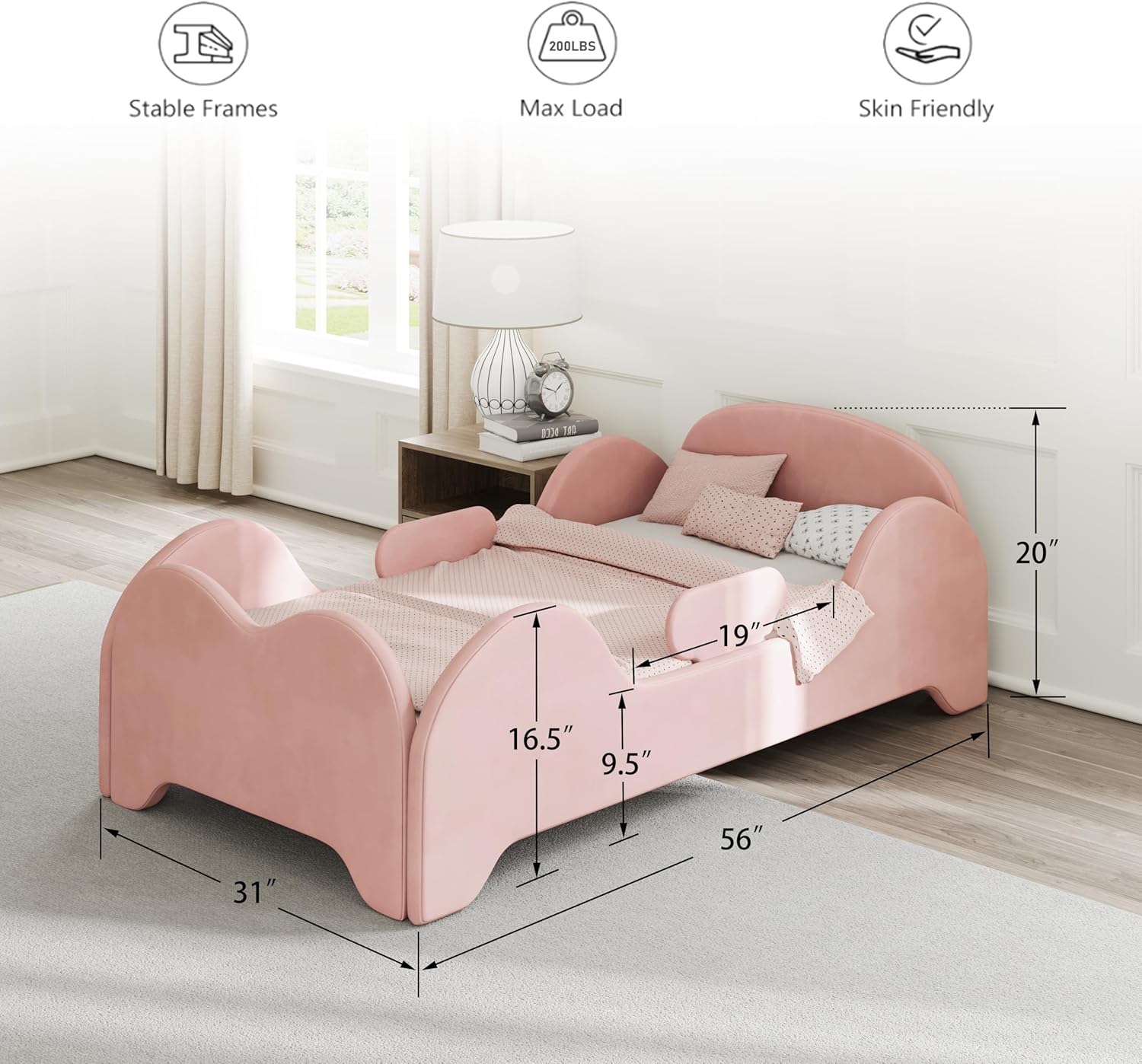 allamazing Toddler Bed, Toddler Flood Bed with Extra Safety Broad, Standard Crib Size for Kids, Certified Fabric Beds, Low to Floor Design (Pink)