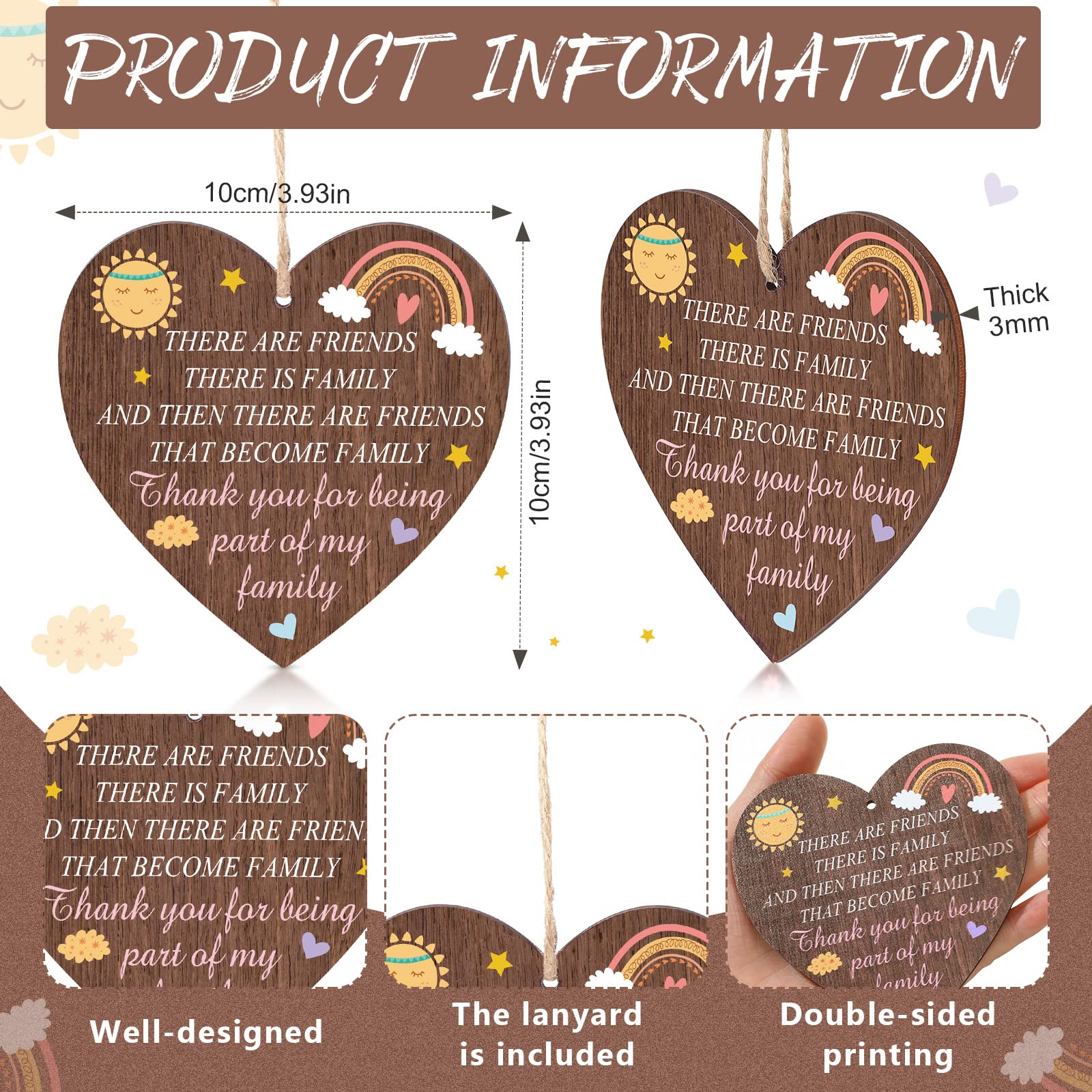 Herdear Gifts for Best Friends Including Best Friends Keychain and Hanging Wooden Heart Sign Plaque Metal Keyring with Memorial Quote Novelty Friendship Gifts for Women(Sun - Image 2