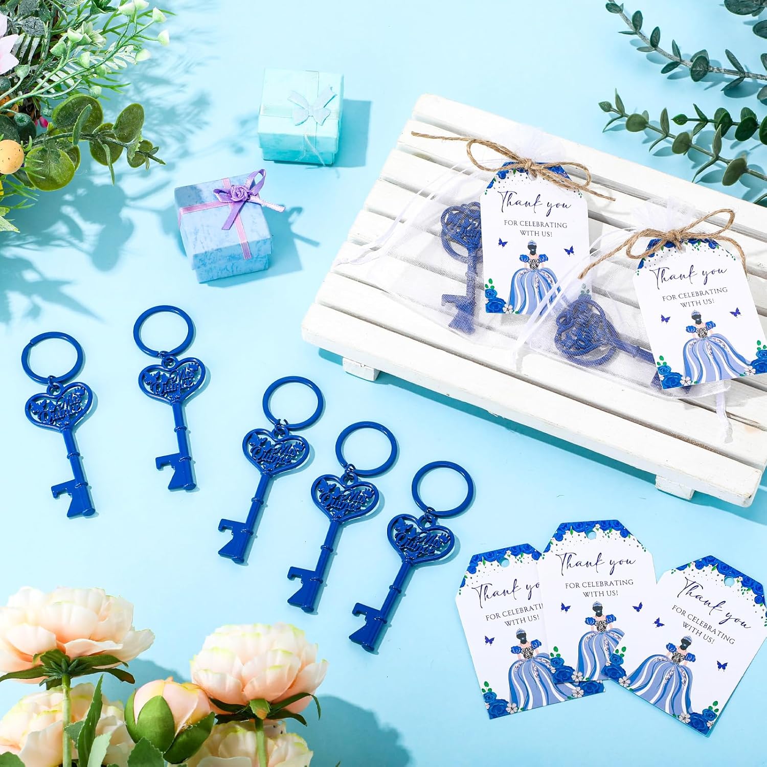 50 Sets Quinceanera Party Favors for Guests Butterfly Bottle Opener Keychain Thank You Tag Organza Bag Sweet 15 Years Quinceanera Gifts for Mis Quince Birthday Party Supplies (Blue) - Image 4