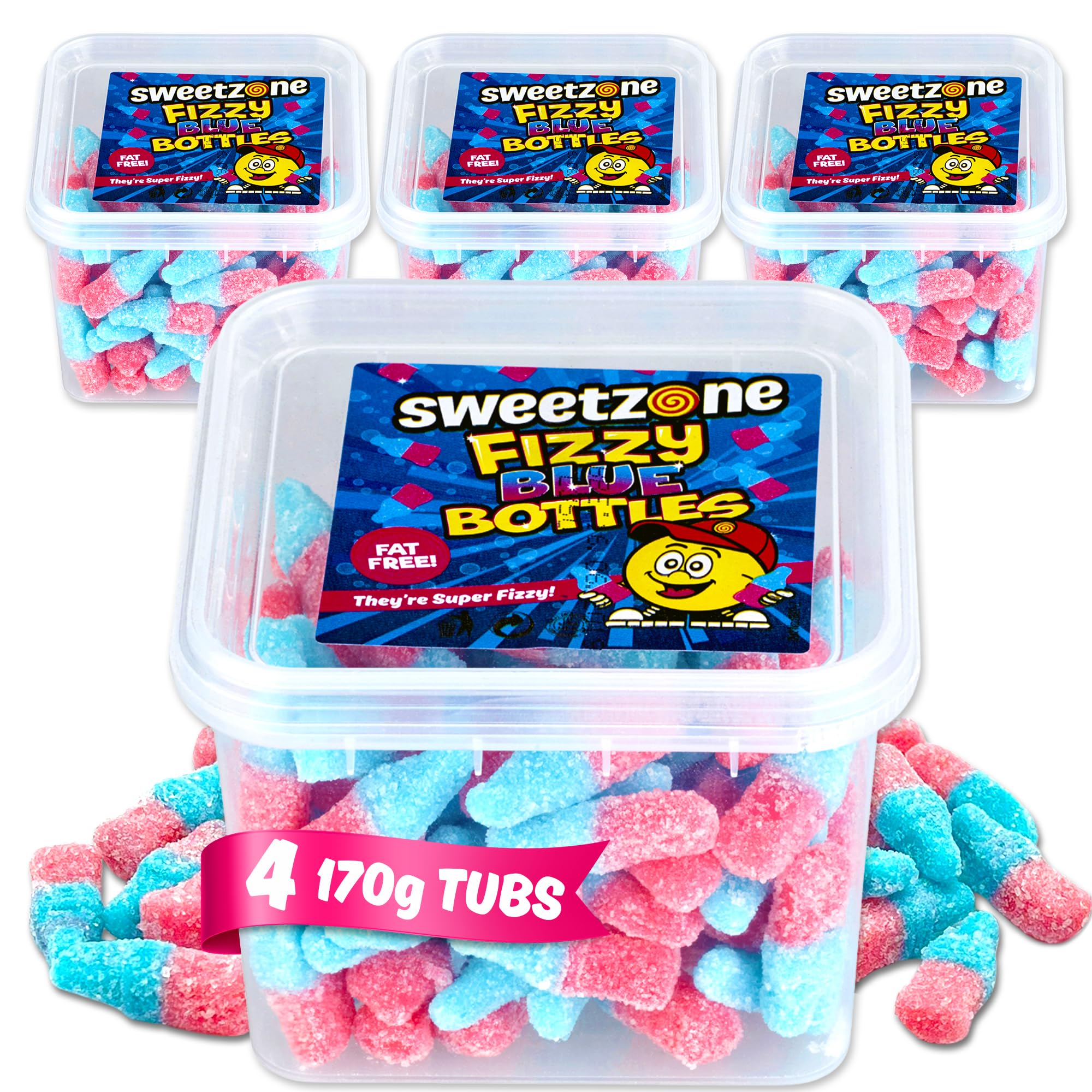 Sweetzone Fizzy pink and Blue Bottles - 170g Tub Pack of 4 Mini Blue Bottles - Experience the Irresistible Old Fashion Gummy Sweet Fruity Chews Delight - Perfect for kids and Adults
