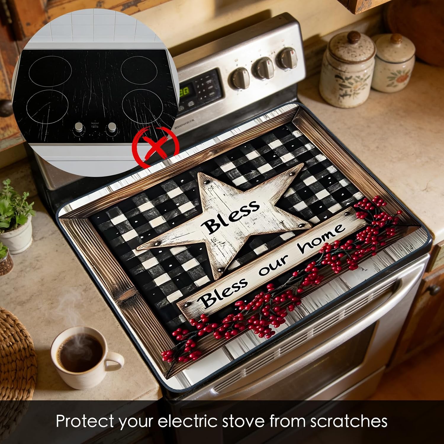 Nuxovilar Stove Top Cover Bless Our Home Buffalo Plaid Star pattern Polyester Diatomaceous Earth Mixture 28.65x20.47inch Stove Cover, Glass Top Cover Protector Countertop Saver for Farmhouse Kitchen