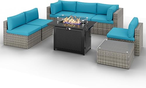 Miniatura 9 de Juego de muebles de patio al aire libre de 8 piezas con mesa para fogata de 43 pulgadas, sofás seccionales de mimbre para patio al aire libre con